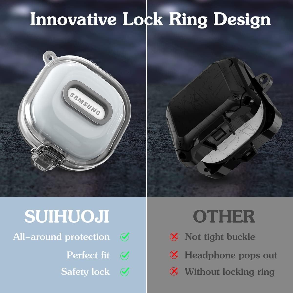 QIUDAOY [Clear Case with Lock] Samsung Galaxy Buds 2 Case/Galaxy Buds Pro 2 Case/Galaxy Buds Live Case/Galaxy Buds Pro Case with Lanyard/Keychain Accessories, Hard Clear Case Protector Shell Cover  QIUDAOY   