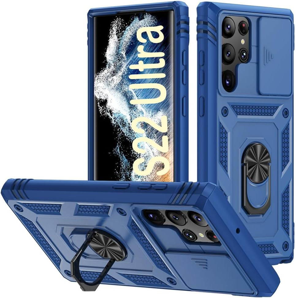 PASNEW for Samsung Galaxy S21 Ultra Case,Finger Ring Kickstand & Camera Cover Slide & Charge Port Dust Plug,Military Heavy Duty Full Body Shockproof Protective Hard Shell S21Ultra,6.8 Inch,Pink  PASNEW Blue Samsung Galaxy S22Ultra【6.8"】 