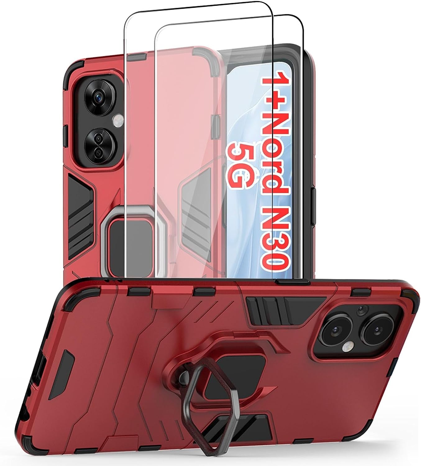 Jusy Oneplus Nord N30 5G Case with 2 Screen Protector, Protective Phone Cover with Kickstand, Ring and Magnetic Plate, Tempered Glass Protectors for 1+ Nord N30 5G(Black)  Jusy Red-N30  