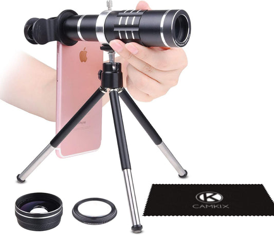 Universal 3In1 Lens Kit with 18X Telephoto + Macro + Wide Angle Lenses - Awesome Mobile Photography for Apple Iphone, Samsung Galaxy, Etc. - Locking Lens Clip - Adjustable Tripod (For Telephoto Lens)  CamKix   