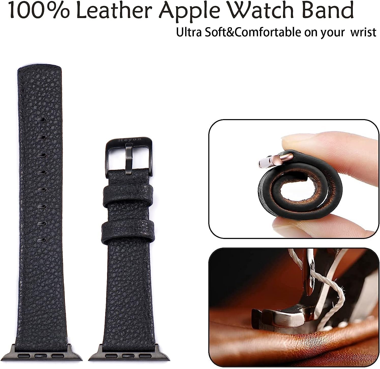 Heyon Leather Band Compatible with Apple Watch 42Mm 44Mm Men,None-Sewing Fashion Design Leather Iwatch Band for Series 6 5 4 3 2  Heyon   