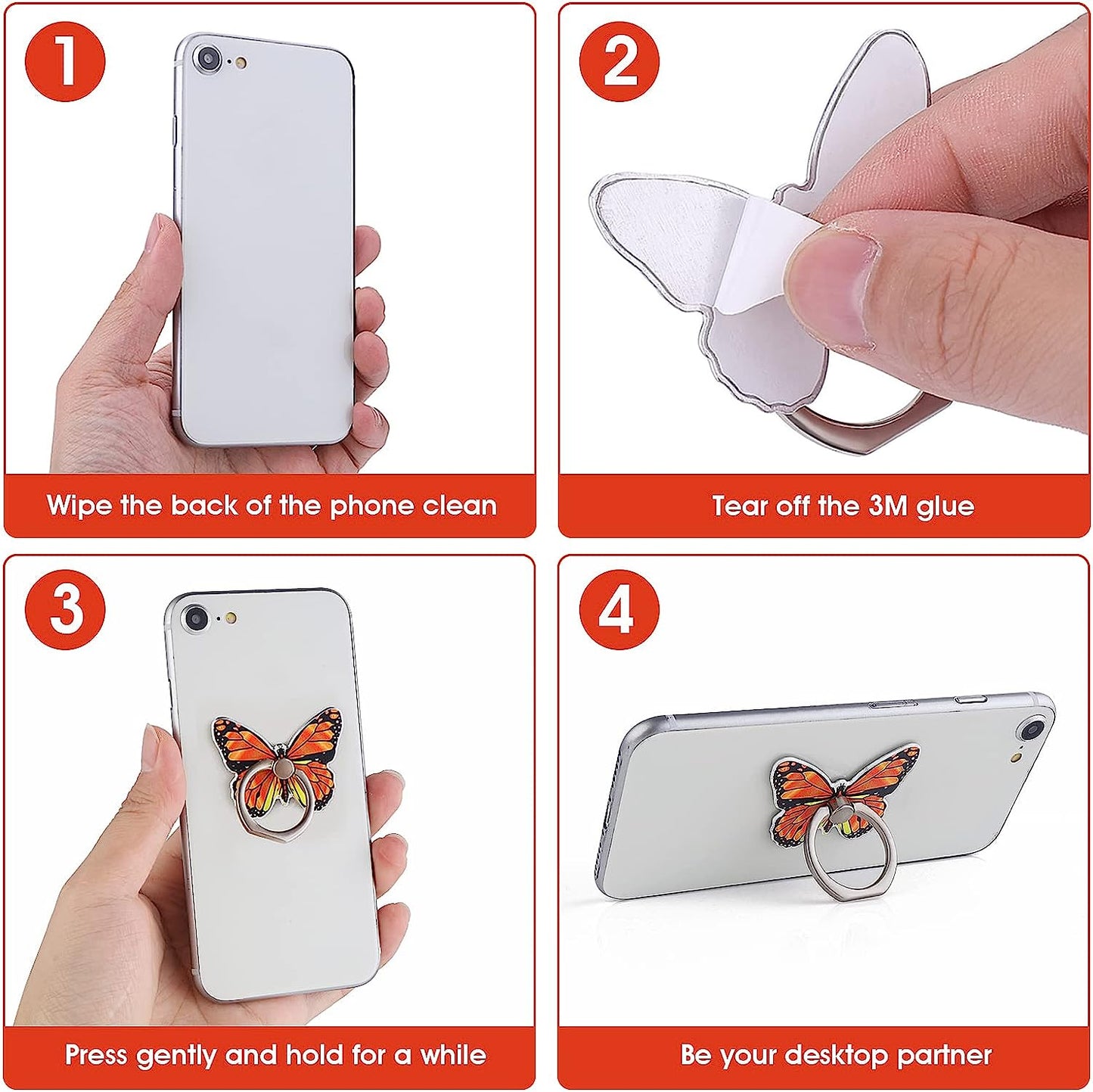 Cobee Butterfly Cell Phone Ring Stand Holder, 2 Pcs Cute Butterfly Pattern Painted Metal Finger Stand Kickstand 360°Rotation Phone Ring Holder Stand Ring Hand Grip with Knob Loop(Yellow, Orange)  Cobee   