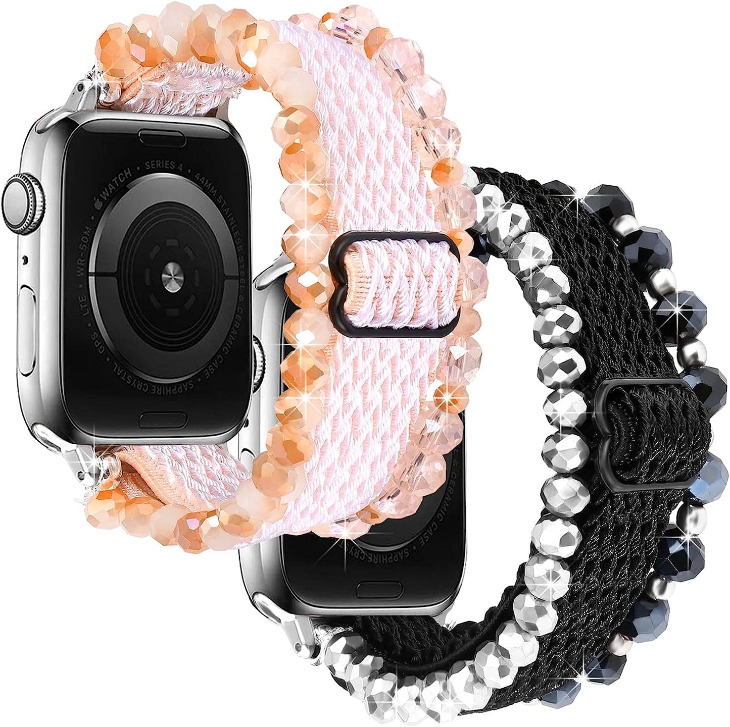 LHXYUO Beaded Bracelet Compatible for Apple Watch Band 38Mm 40Mm 41Mm 42Mm 44Mm 45Mm 49Mm for Women Fashion Cute Handmade Elastic Stretch Strap for Iwatch Ultra SE Series 8 7 6 5 4 3 2 1  LHXYUO 2 Pack Black+Pink 42mm/44mm/45/49mm 