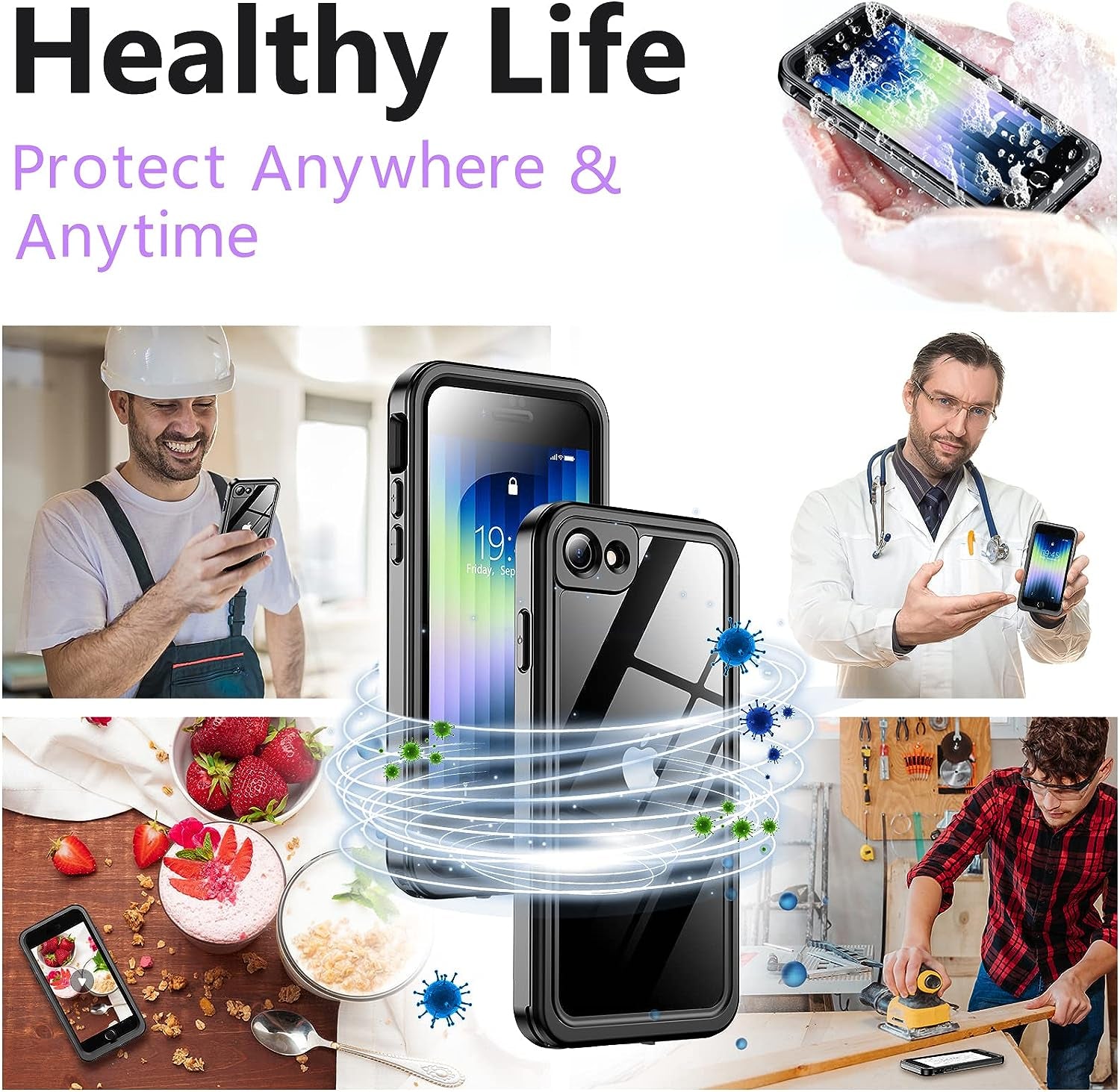 Justcool for Iphone SE Case 2020/2022/,Iphone 8/7 Case Waterproof,Built-In Screen & Lens Protector [IP68 Underwater] [12FT Military Dropproof] Dustproof [360 Full Body Shockproof] Phone Case,Black  JUSTCOOL   