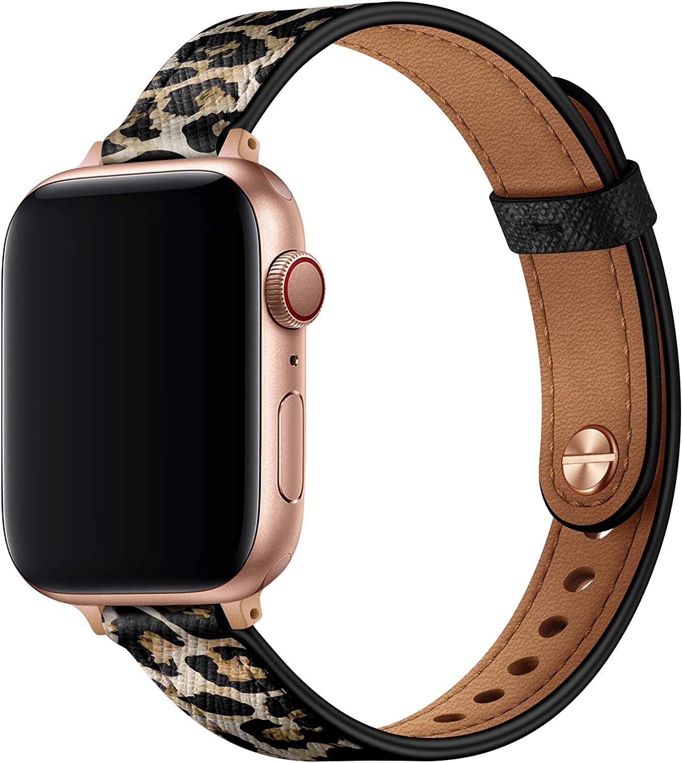 OUHENG Slim Band Compatible with Apple Watch Band 41Mm 40Mm 38Mm, Women Genuine Leather Band Replacement Thin Strap for Iwatch SE SE2 Series 8 7 6 5 4 3 2 1 (Brown/Rose Gold, 41Mm 40Mm 38Mm)  OUHENG Leopard/Rose Gold 41mm/40mm/38mm 