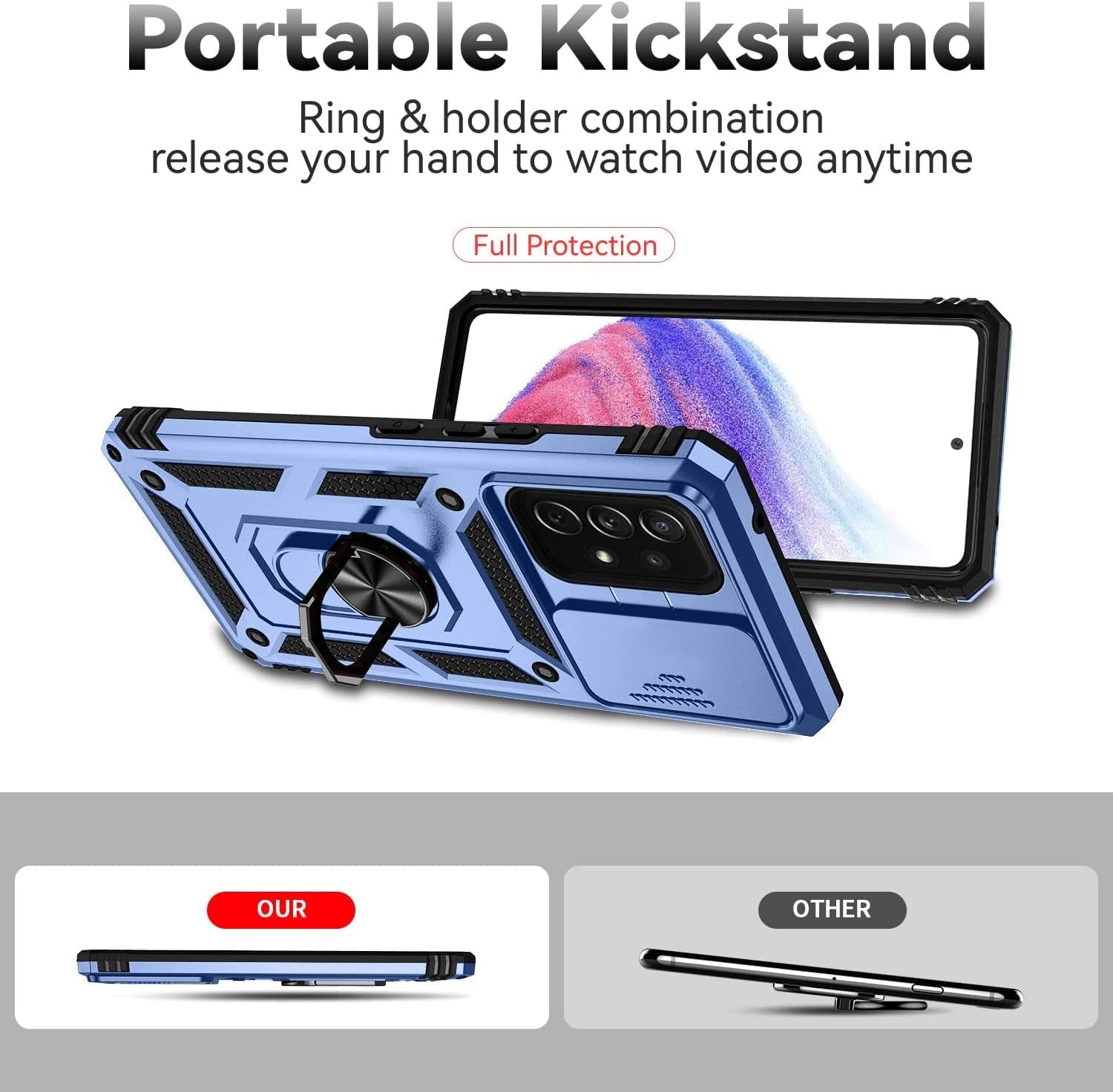 Samsung Galaxy A53 5G Case Built in Slide Camera Lens Cover and Screen Protector,Heavy Duty Shockproof Full Body Protective Phone Cover,Built in Finger Ring Stable Holder Kickstand,2022 Blue  Janmitta   