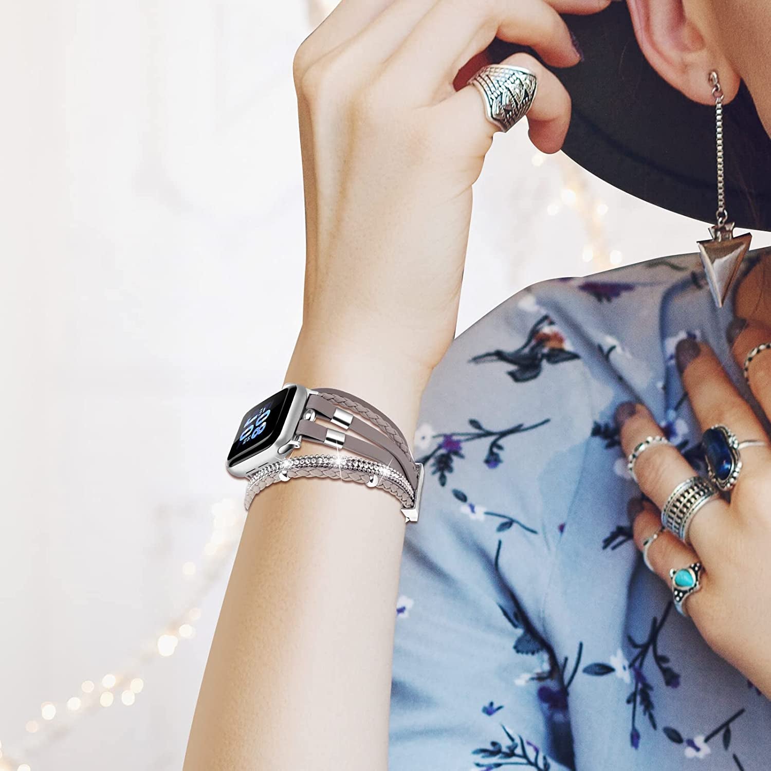 ACEDAX Bracelet Work with Apple Watch Band 44/45Mm, Boho Chic Leather Strap for Apple Watch Ultra Band 49Mm with Silver Metal Buckle,Multilayer Wrap Jewelry for Iwatch Series 8 7 6 SE 5 4 3 Gray Women  ACEDAX   