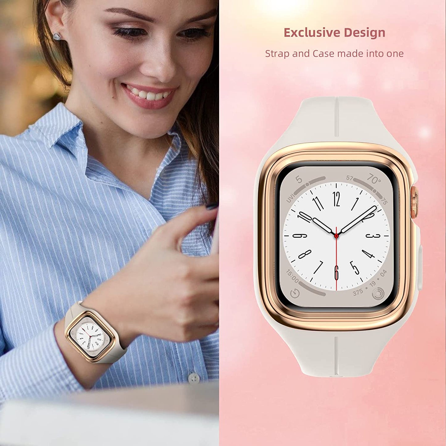 OUHENG Compatible with Apple Watch Band 41Mm 40Mm 38Mm with Bumper Case, Women Sport Strap with Rugged Metal Edge Bumper and Silicone Cover for Iwatch Series 8 7 6 SE 5 4 3 2 1, Starlight/Rose Gold  OUHENG   