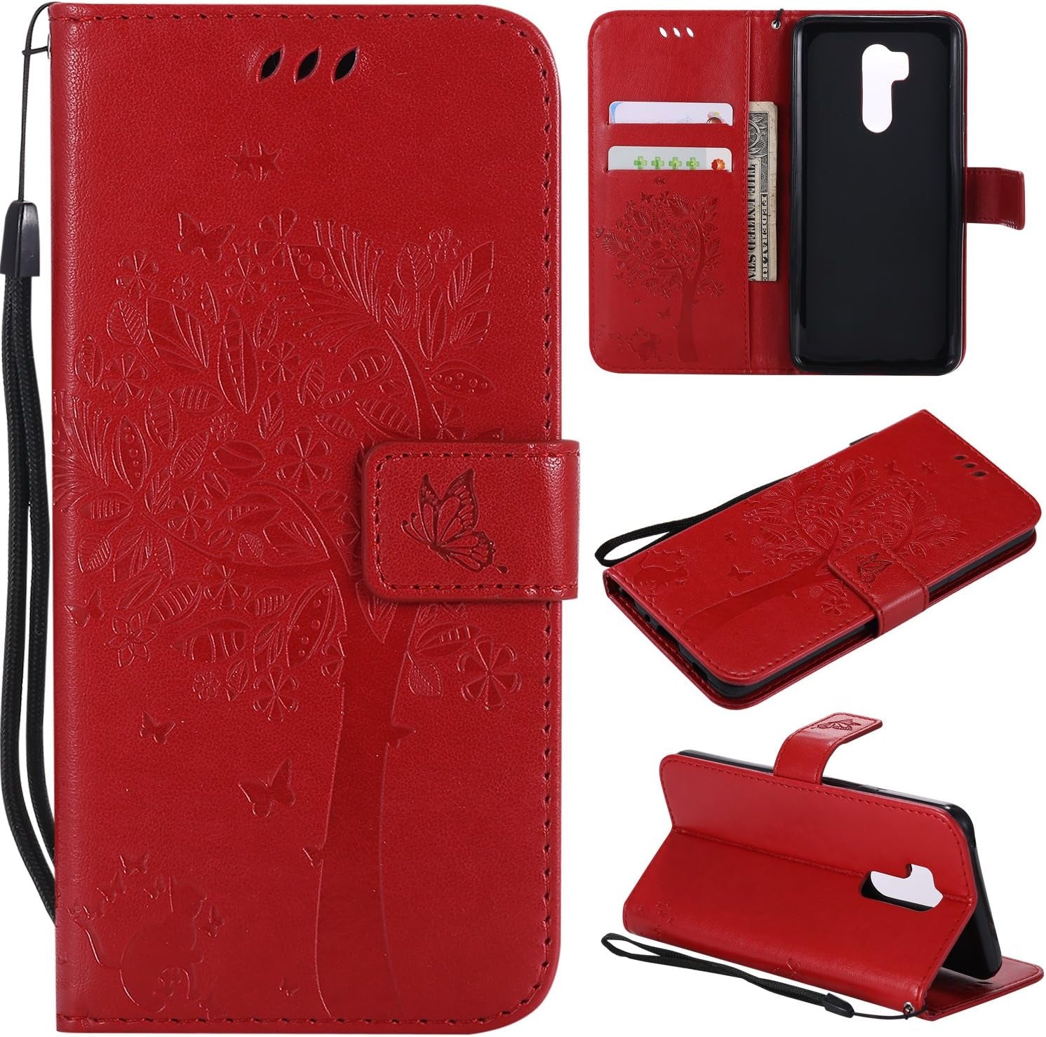 For LG G7 Thinq Case,For LG G7 Wallet Case with Screen Protector,For LG G7 PU Leather Protective Case Emboss Cat and Tree Folio Magnetic with Card Holder Kickstand and Flip Case for LG G7 Thinq Black  HAOTP Red  