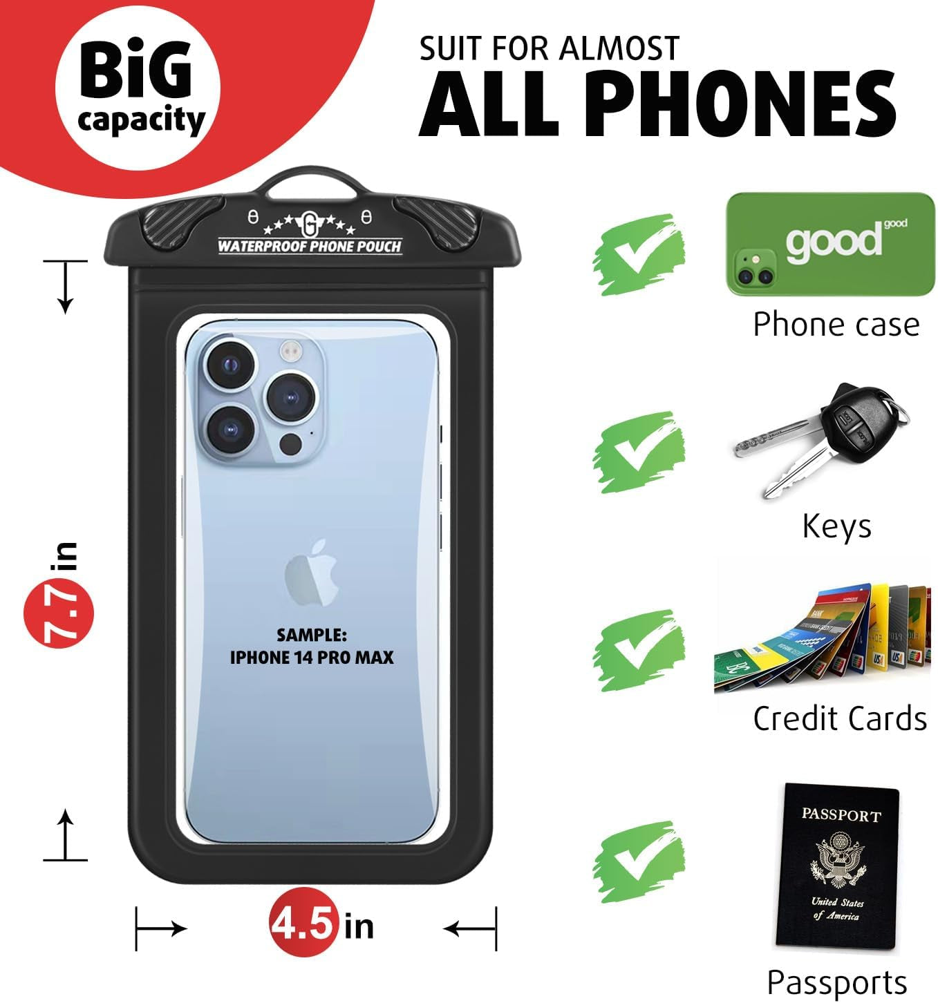 Waterproof Phone Pouch 2 Pack, 100% Waterproof Large Phone Dry Bag for Iphone 15 Pro Max, Iphone 14 Pro Max, 13 Pro Max, Samsung Galaxy S23 Ultra, Google Pixel 6 Pixel and Other Phones Black  G.CATACC   