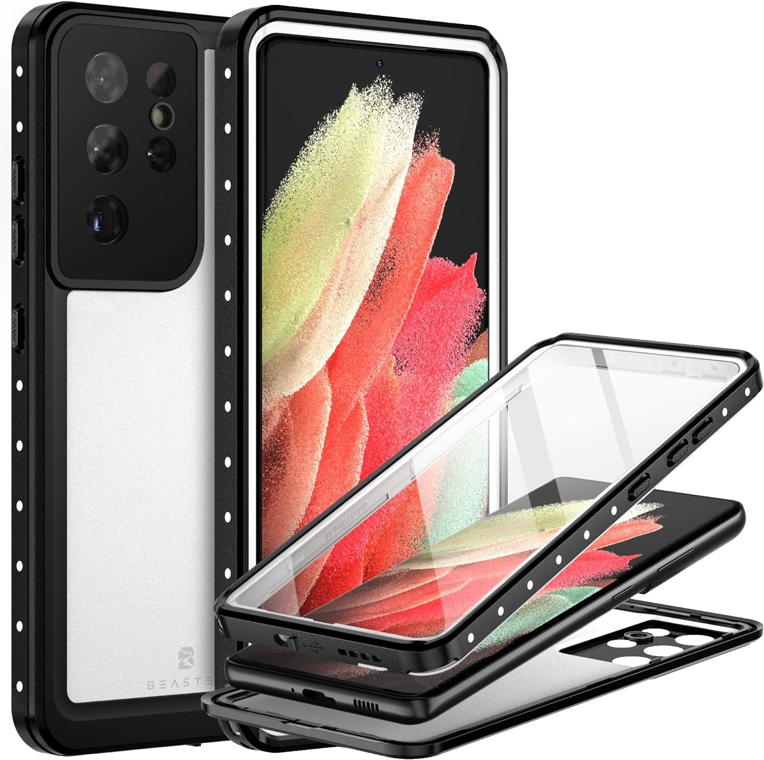 BEASTEK for Samsung Galaxy S21 Ultra Waterproof Case, NRE Series, Shockproof Underwater IP68 Case with Built-In Screen Protector Full Body Protective Cover, for Galaxy S21 Ultra 6.8 Inch (Blue)  BEASTEK White Galaxy S21 Ultra 