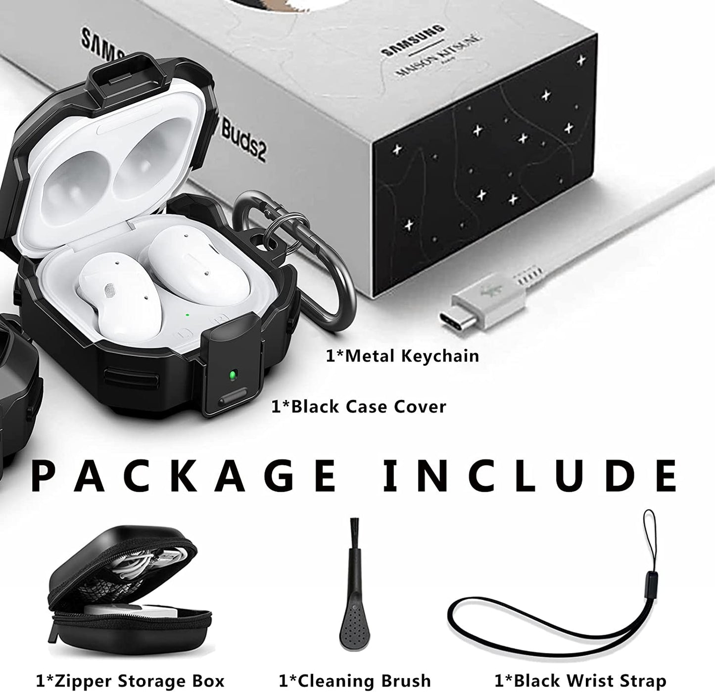 (With Secure Lock) Armor Case Cover for Samsung Galaxy Buds 2 Pro(2022) /Galaxy Buds Pro(2021) /Galaxy Buds 2 (2021) /Galaxy Buds Live (2020) with Keychain/Zipper Box/Brush -Black  Galafoki   