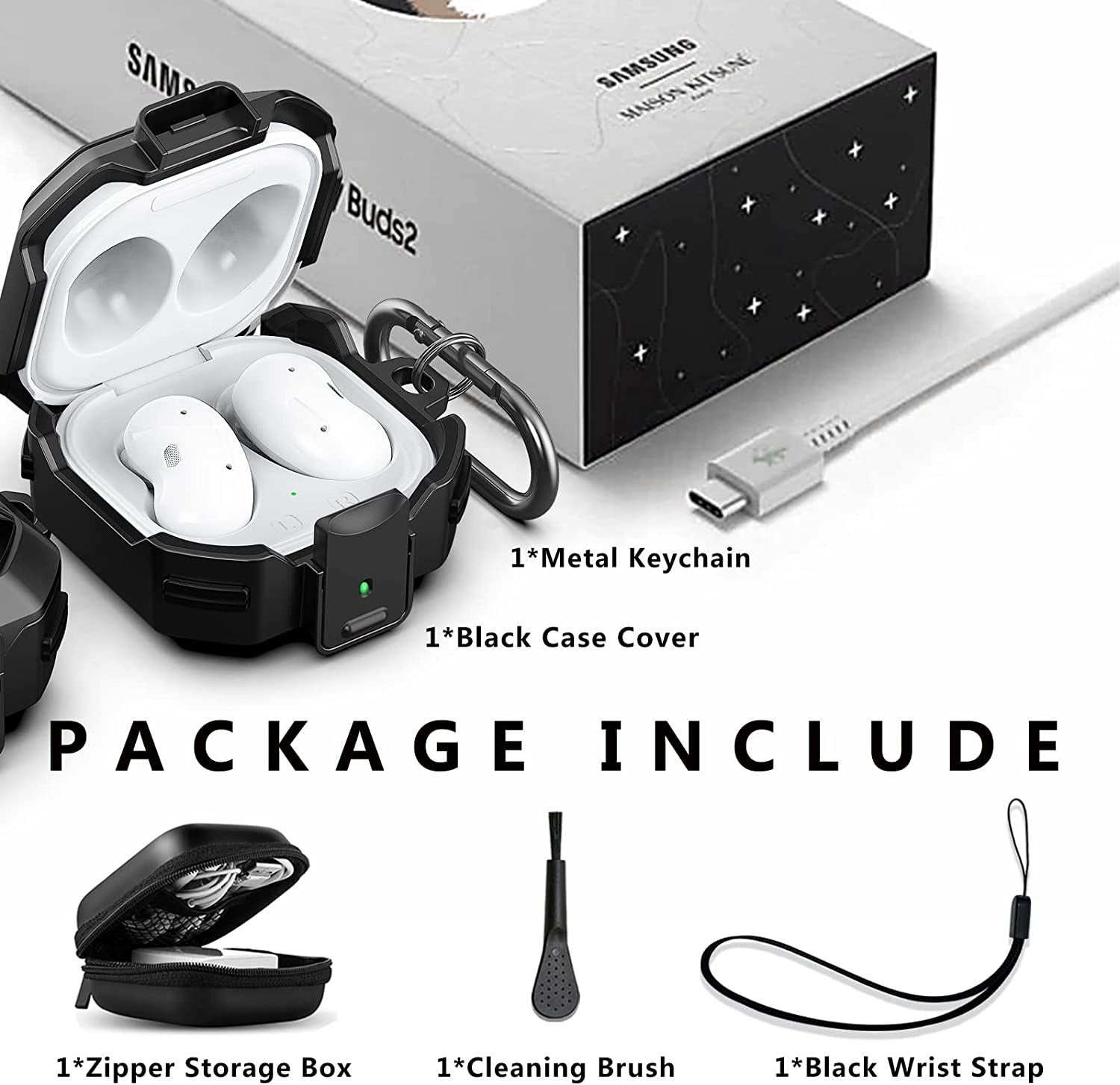 (With Secure Lock) Armor Case Cover for Samsung Galaxy Buds 2 Pro(2022) /Galaxy Buds Pro(2021) /Galaxy Buds 2 (2021) /Galaxy Buds Live (2020) with Keychain/Zipper Box/Brush -Black  Galafoki   
