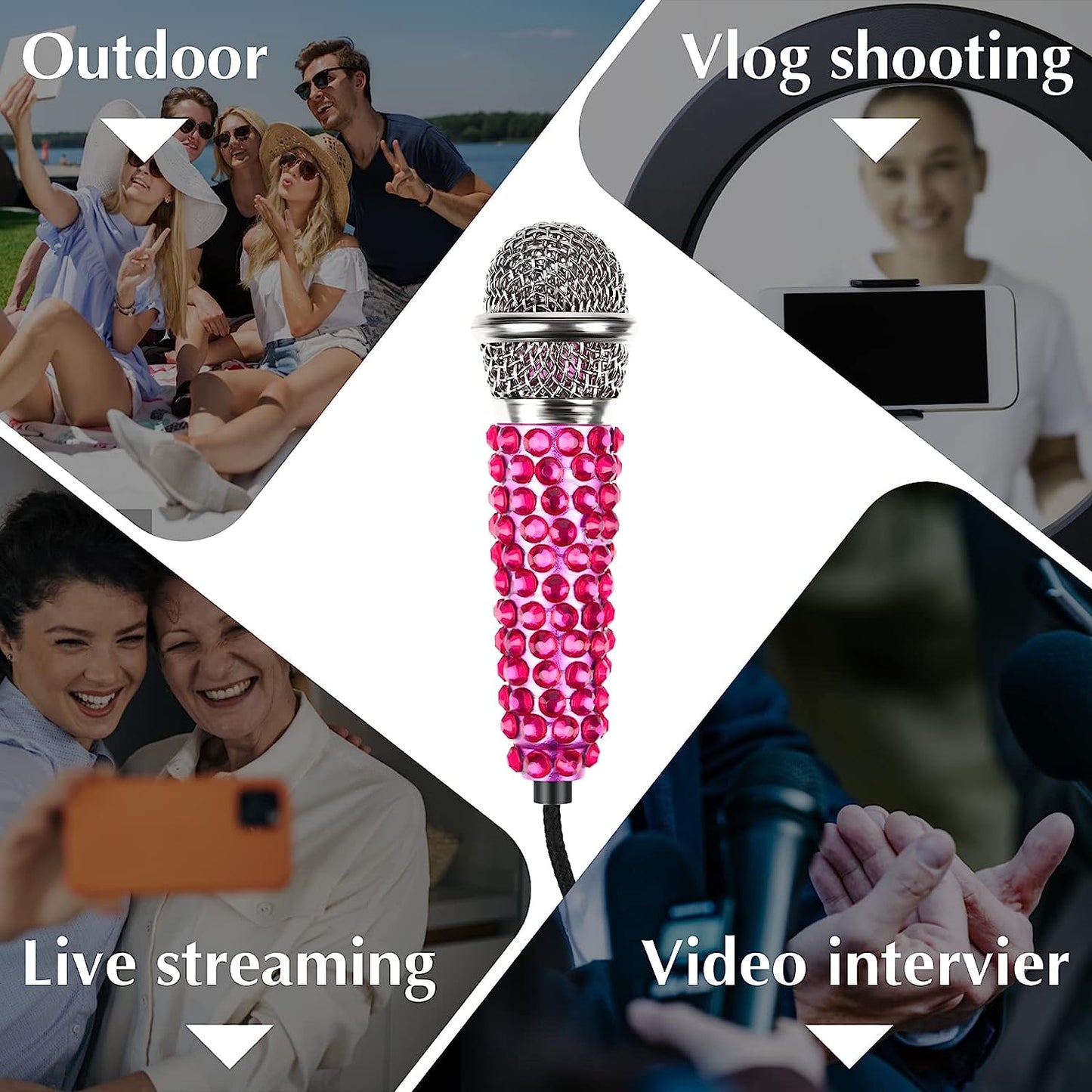 4PCS Mini Microphone Portable Vocal Instrument Tiny Microphone Asmr Karaoke Microphone with Clip Stand | 4 PCS Rhinestone Stickers | 3.5Mm Audio Connector for Iphone Android Smart Phone Laptop  Yoiemivy   