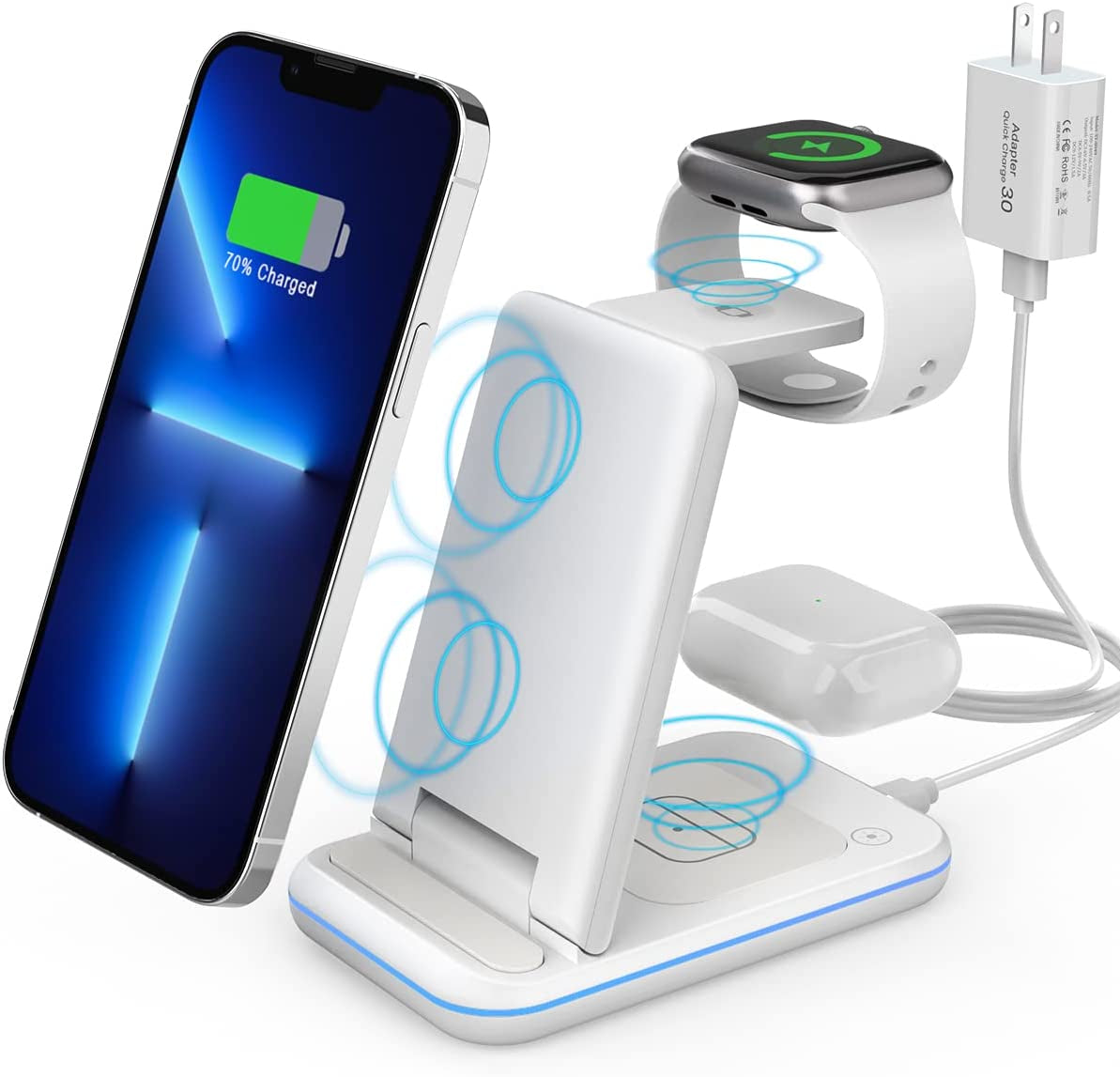 Wireless Charger, 3 in 1 Fast Wireless Charging Station, Wireless Charging Stand Dock 18W Foldable for Apple Watch SE/7/6/5/4/3/2 Airpods 3/2/Pro Iphone 13/12/11/Pro/Xs/Xs Max/Xr/X/Se/8/8 Plus  Bauhoo White  