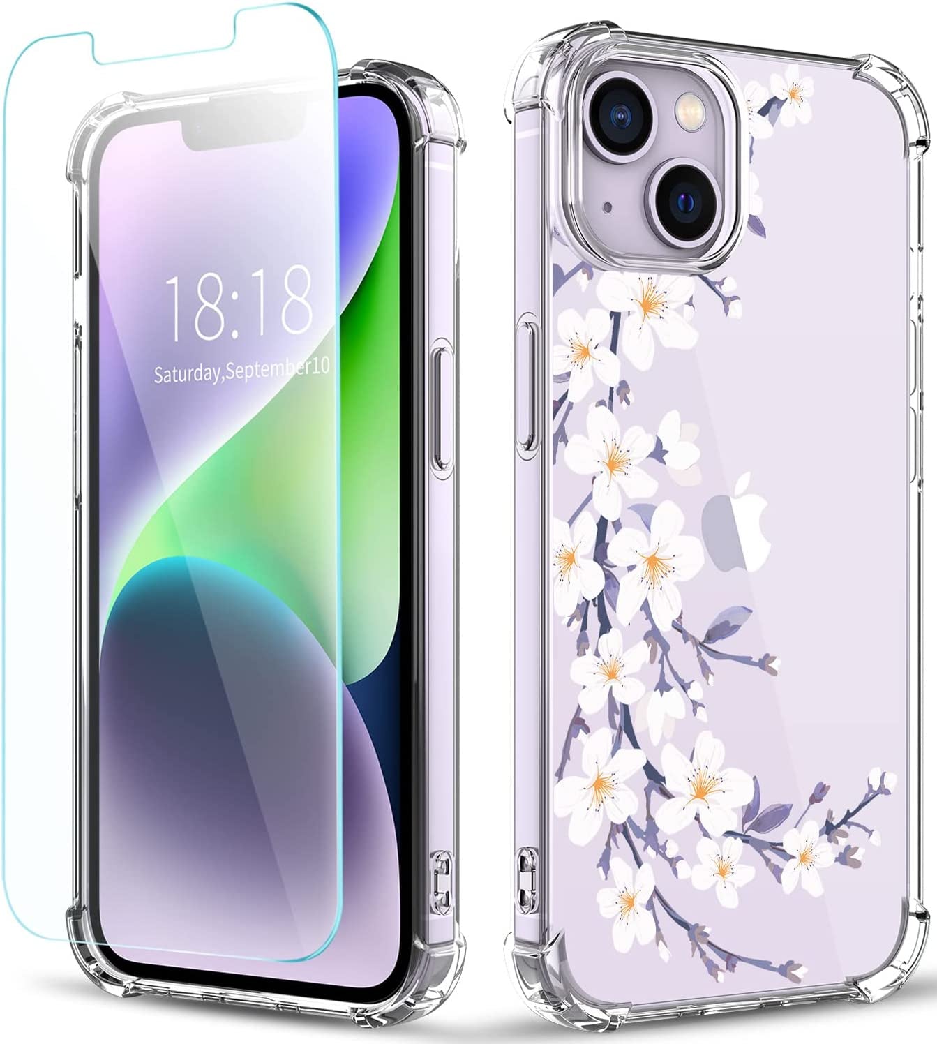 YOYORI Compatible with Iphone 14 Case Clear[With Screen Protector], Transparent Shockproof Protective Soft TPU Bumper Cover 6.1 Inch 2022  YOYORI Windflower/White  
