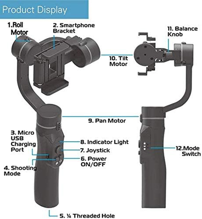 YTYZC 3 Axis Handheld Gimbal USB Charging Video Record Universal Adjustable Direction Smartphone Stabilizer with Stand  ytyzc   
