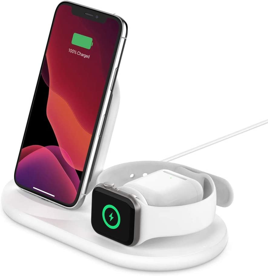 Belkin 3-In-1 Wireless Charger - Fast Wireless Charging Stand for Apple Iphone, Apple Watch & Airpods - Iphone Case Compatible Qi Charger - Wireless Charging Station for Multiple Devices - Black  Belkin White Charger 