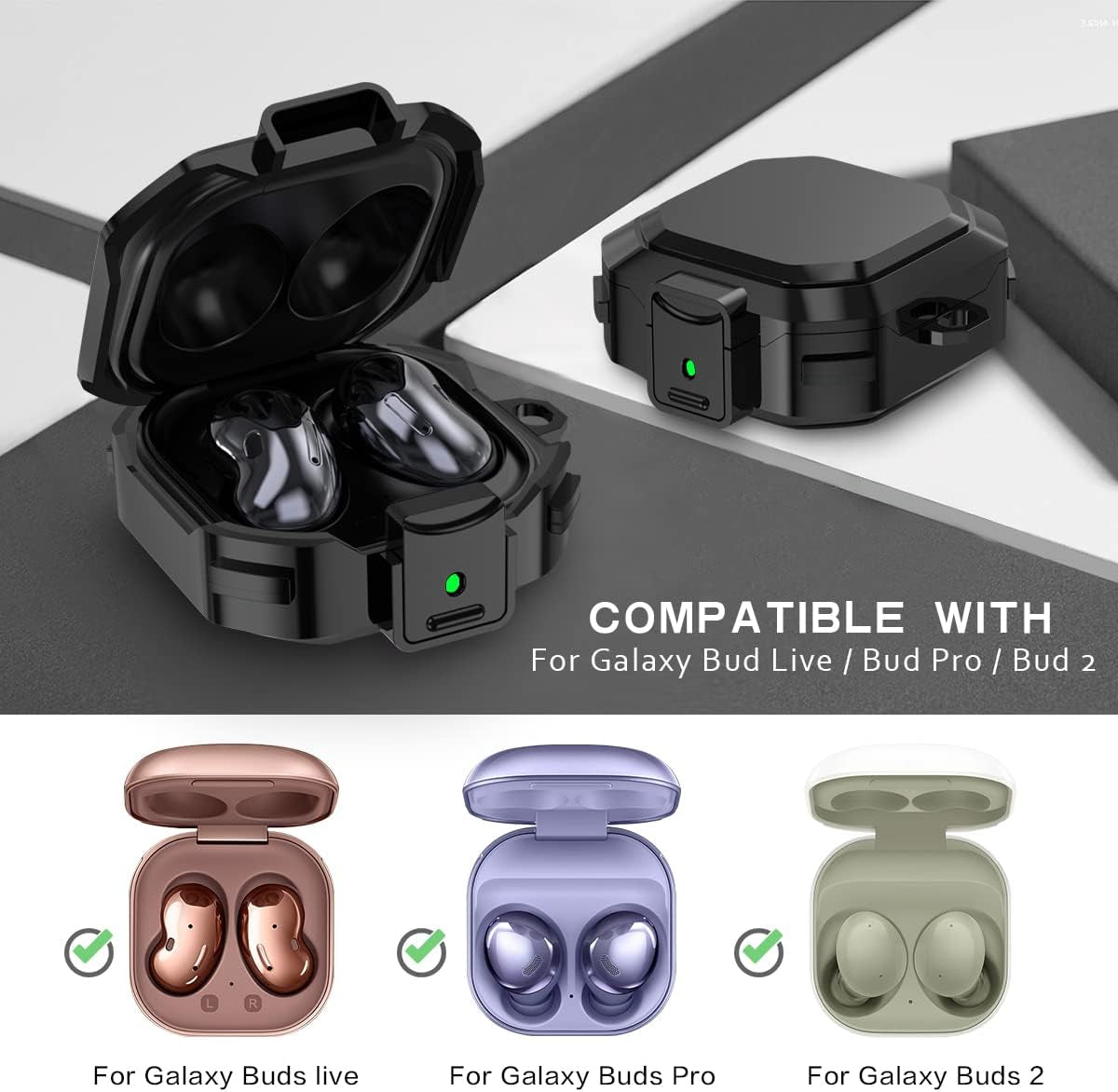 [With Lock]Armor Cover for Galaxy Buds Pro Case/Galaxy Buds 2 Case/Galaxy Buds Live Case,Shockproof PC+TPU Protective Cover for Samsung Buds 2/Buds Pro/Buds Live with Keychain&Wrist Strap&Brush(Black)  YIPINJIA   