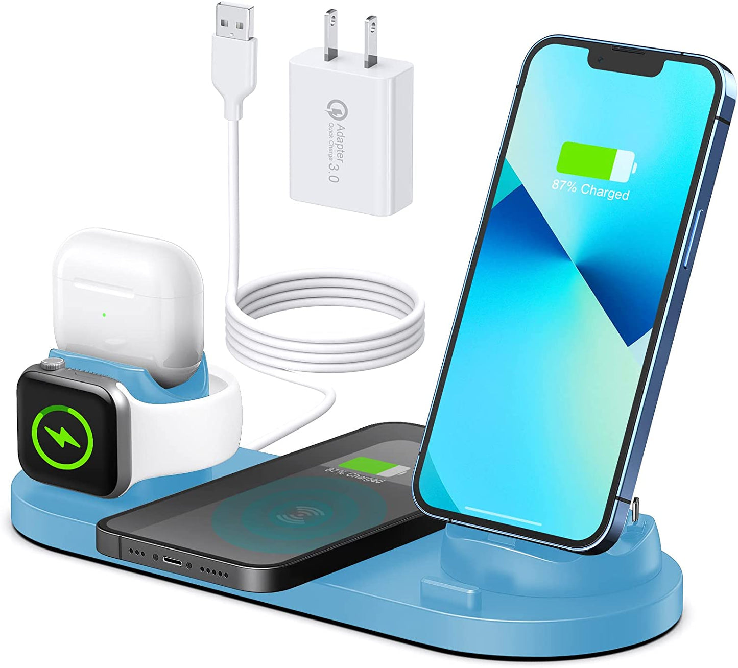 Atrden [Multi-Function Wireless Charging Station] 6 in 1, 15W Fast Wireless Charger for Iphone 14/13/12/11 Series, Iwatch 7/6/5/4/3, Airpods and Smartphones (Black)  Atrden Blue  