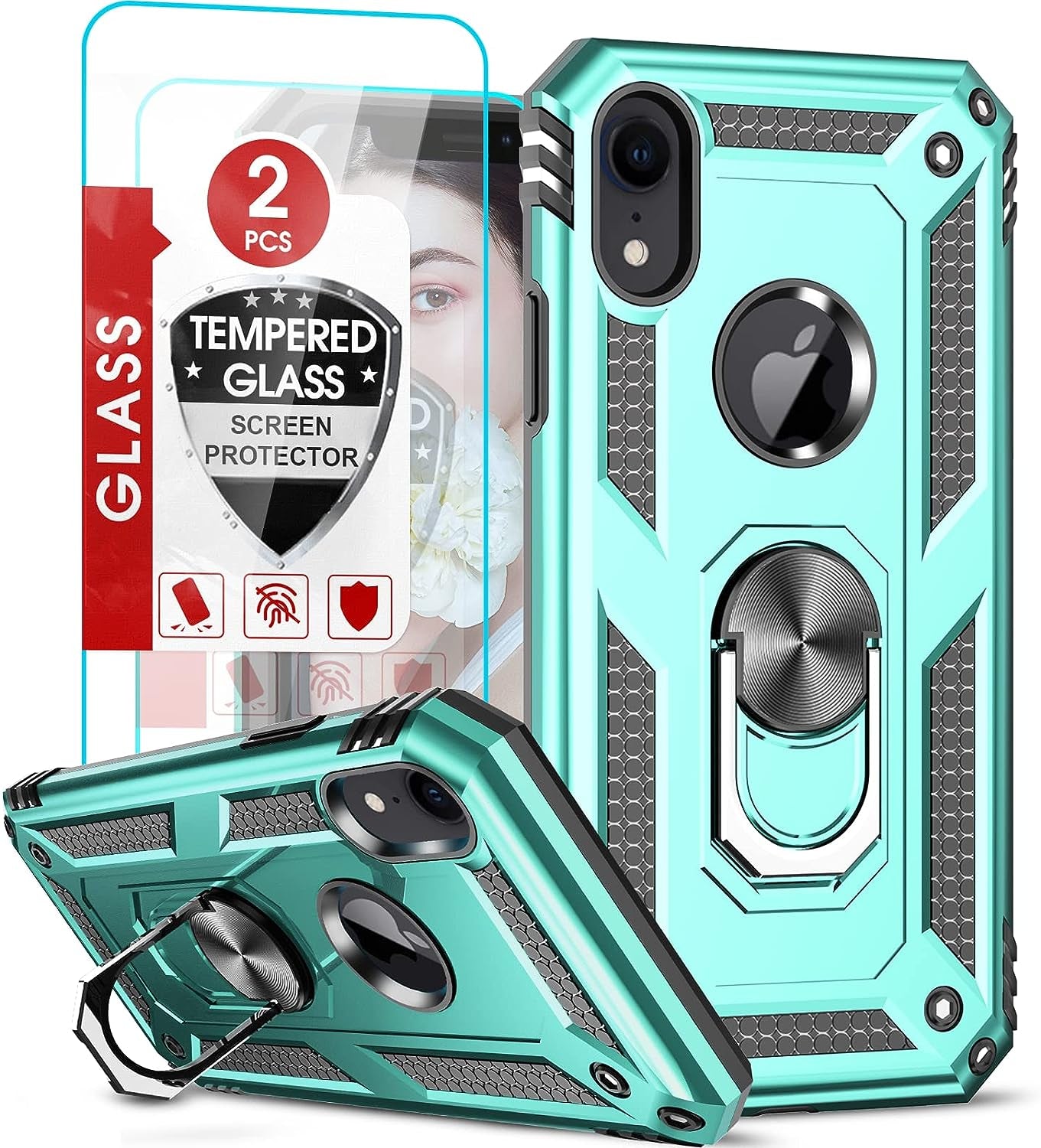 Leyi for Iphone XR Case, Iphone XR Case with Stand and [2PCS] Tempered Glass Screen Protector for Men, Heavy Duty Protective Hard Case with Metal Ring for Apple Iphone 10 XR, Black  LeYi Mint  