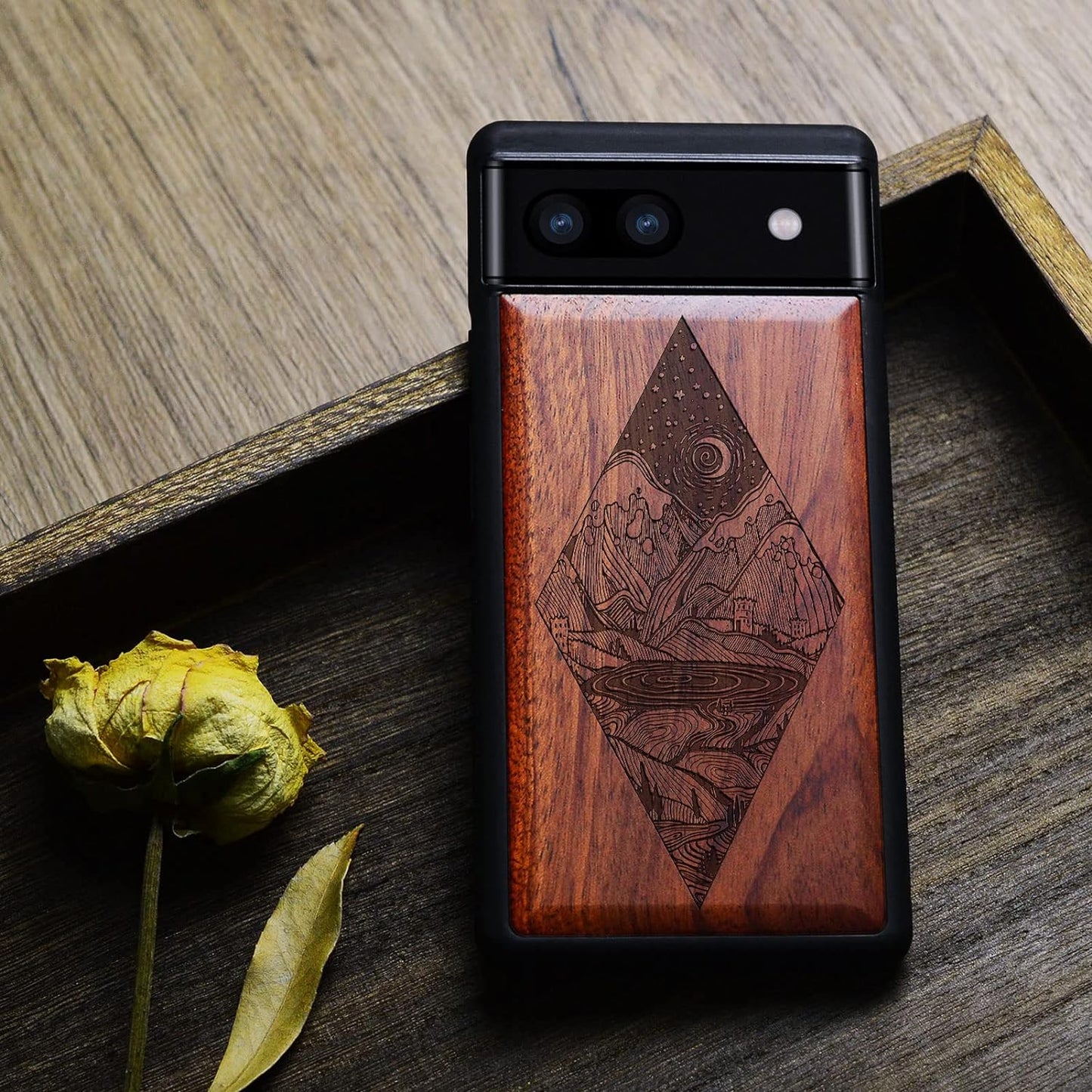 Carveit Wood Case for Pixel 6A Case 2022 [Natural Wood & Black Soft TPU] Shockproof Protective Cover Unique & Classy Wooden Case Compatible with Google Pixel 6A Case (Starry Night-Rosewood)  Carveit   