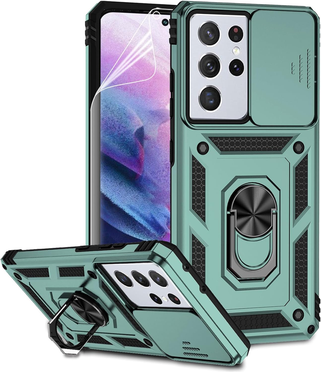 For Samsung Galaxy S21 Ultra Case with Camera Lens Cover HD Screen Protector, Military-Grade Drop Tested Magnetic Ring Holder Kickstand Protective Phone Case for Samsung Galaxy S21 Ultra 5G (Black)  JINZHI Inc Dark Green With Camera Cover Military-Grade  
