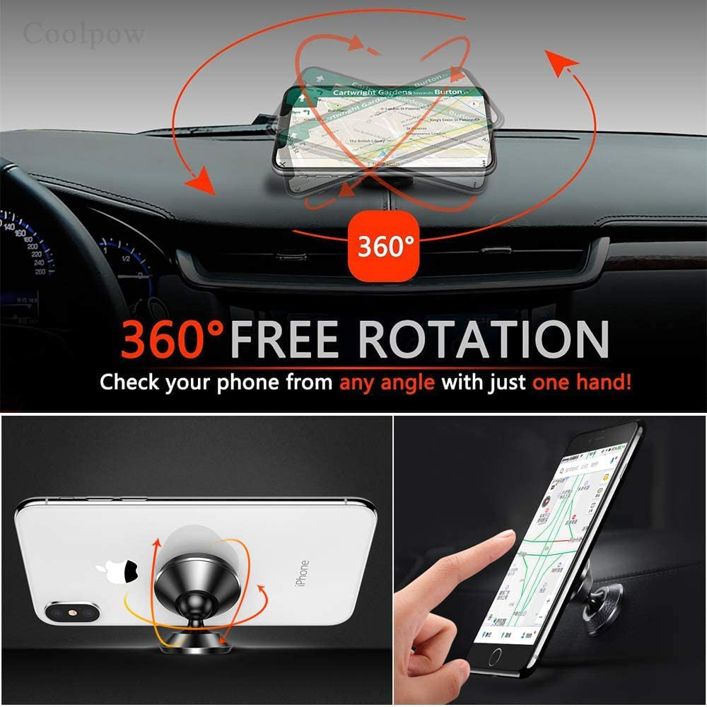 【2-Pack】Magnetic Phone Holder for Car, [ Super Strong Magnet ] [ with 4 Metal Plate ] Iphone Magnetic Car Mount for Cell Phone, [ 360° Rotation ] Universal Dashboard Car Mount Fits All Smartphones  Coolpow   