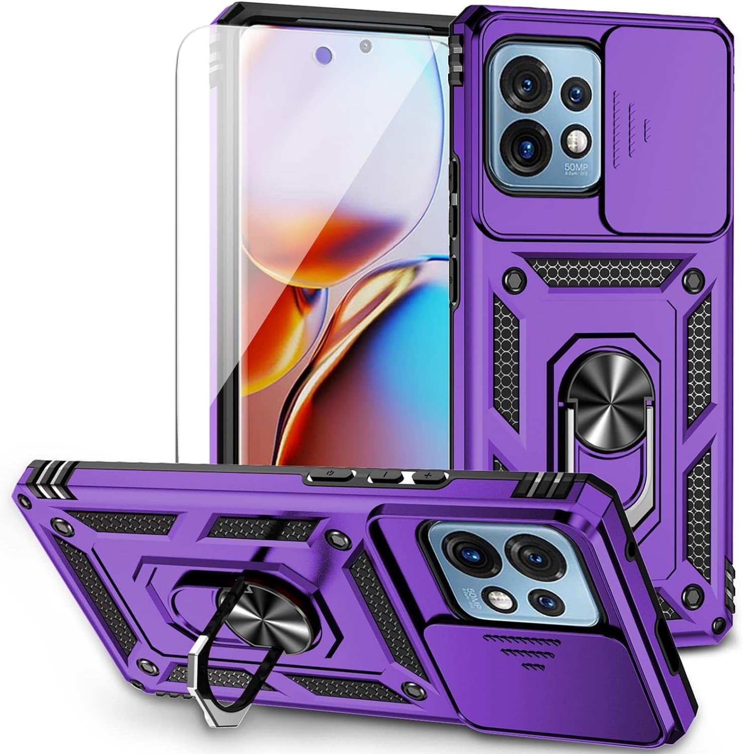 For Motorola Edge plus 2023 Case W/ Slide Camera Cover HD Screen Protector [Military Grade 16Ft. Drop Tested] Magnetic Ring Holder Kickstand Protective Phone Case for Motorola Edge+ plus 2023, Black  PUSHIMEI Co., Ltd. Purple W/ Slide Camera 2Nd Gen. Military Grade  