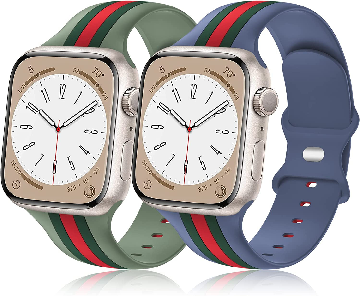 [2 Pack] Designer Bands Compatible with Apple Watch Band 38Mm 40Mm 41Mm 42Mm 44Mm 45Mm 49Mm Men Women, Soft Silicone Sport Band Replacement Strap for Apple Watch Ultra Iwatch Series 8 7 SE 6 5 4 3 2 1  Seizehe Ice Blue/Green/Red-Bean Paste Green/Army Green/Red 38mm/40mm/41mm 