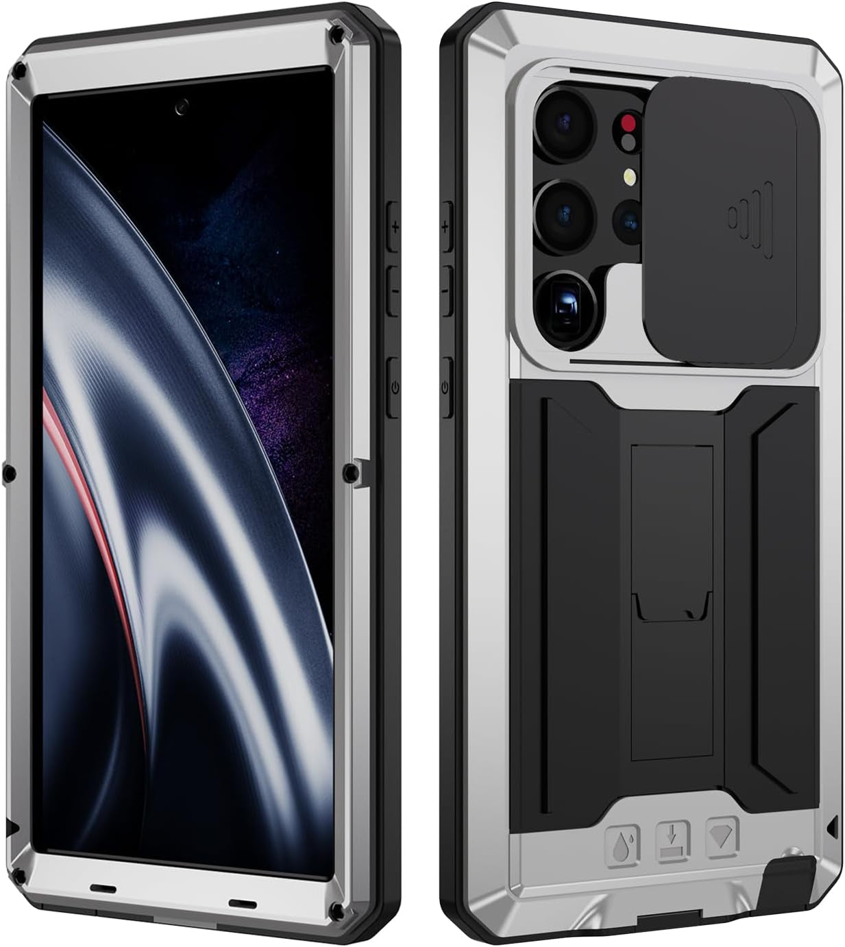 For Samsung Galaxy S22 Ultra 5G Case, Aluminum Metal Gorilla Glass Shockproof Military Heavy Duty Sturdy Protector Cover Hard Case,With Sliding Camera Cover and Built-In Foldable Kickstand(Green-Ⅱ)  MIYIYQP Silver S22 Ultra 