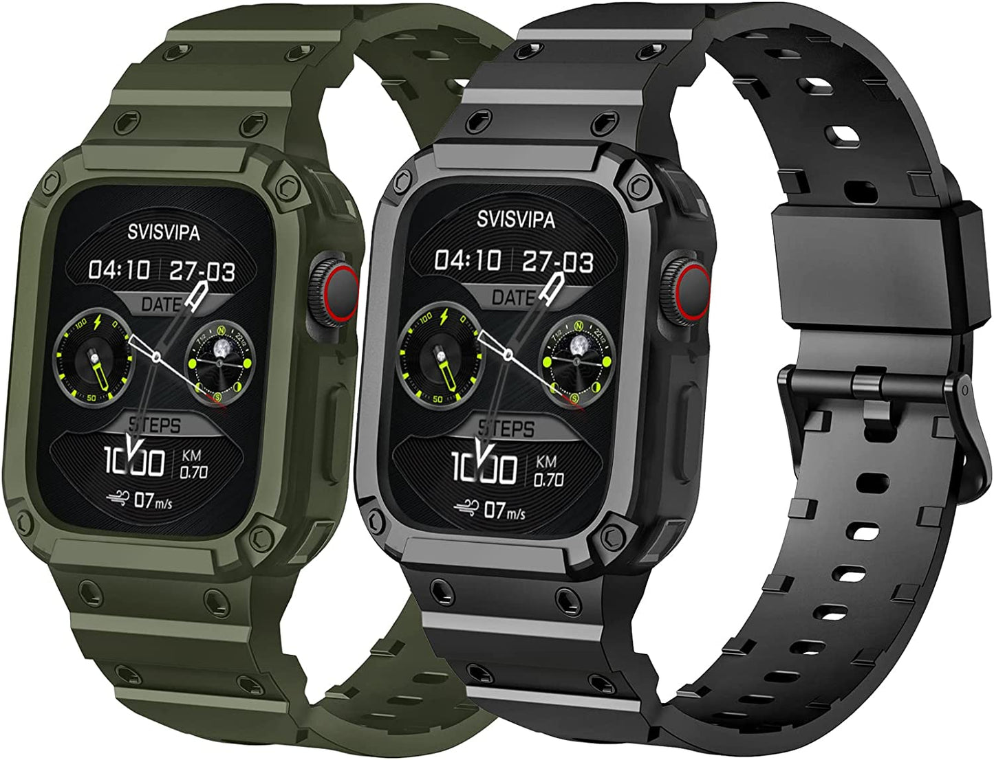 [2 Pack] SVISVIPA Band with Case Compatible for Apple Watch 45Mm 44Mm 42Mm Iwatch Series 8 7 SE 6 5 4 3 2 1 Strap, Men Women Sport Strap with Bumper Rugged Shockproof Military Protective, 2 Pack (Black，Army Green）  SVISVIPA   