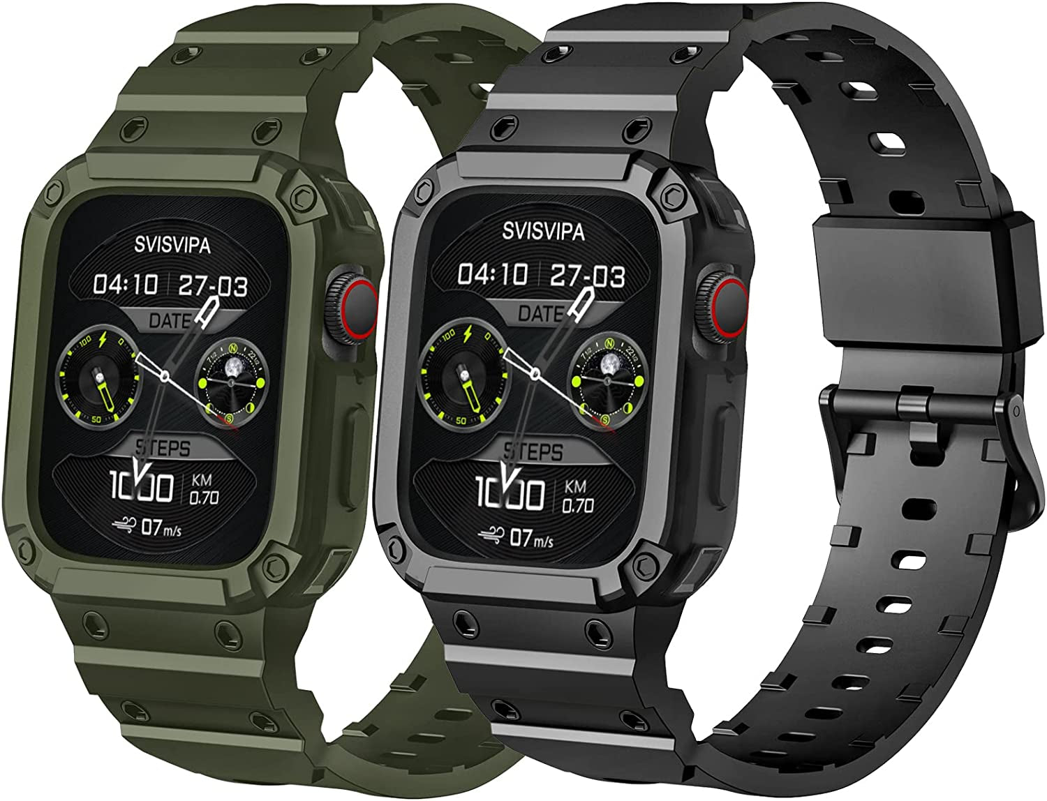 [2 Pack] SVISVIPA Band with Case Compatible for Apple Watch 45Mm 44Mm 42Mm Iwatch Series 8 7 SE 6 5 4 3 2 1 Strap, Men Women Sport Strap with Bumper Rugged Shockproof Military Protective, 2 Pack (Black，Army Green）  SVISVIPA   