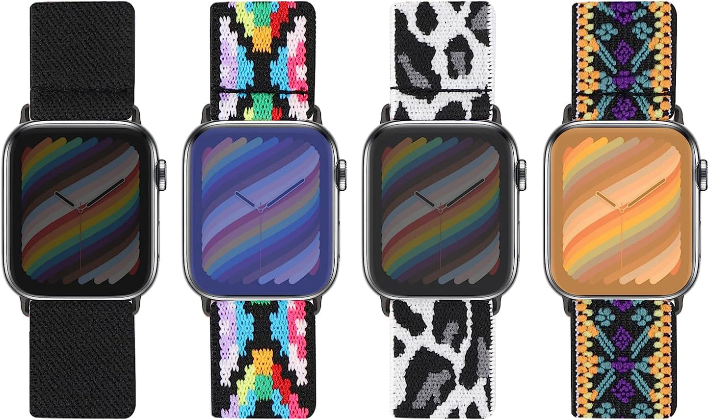 Silutupo Stretchy Bands Compatible with Apple Watch Band 38Mm 40Mm 41Mm for Women - 4 Pack Braided Nylon Watch Band Compatible for Iwatch Series 7 6 5 4 3 2 1 SE  Silutupo Boho Floral/white Leopard/Rhombus/Black  
