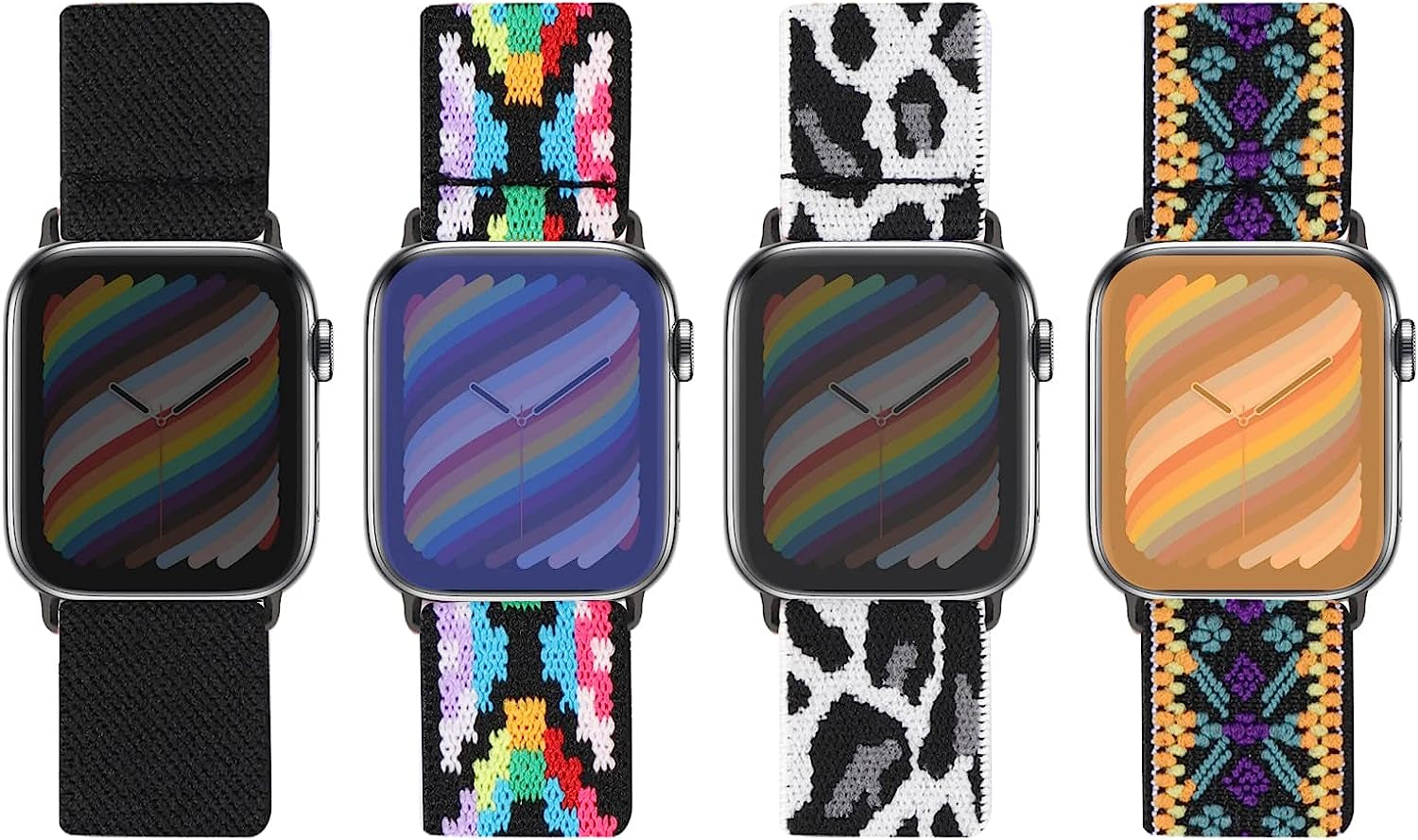 Silutupo Stretchy Bands Compatible with Apple Watch Band 38Mm 40Mm 41Mm for Women - 4 Pack Braided Nylon Watch Band Compatible for Iwatch Series 7 6 5 4 3 2 1 SE  Silutupo Boho Floral/white Leopard/Rhombus/Black  