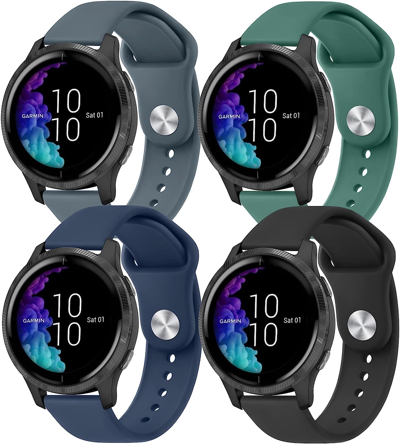 4 PACK Bands for Garmin Venu / Venu Sq / Vivoactive 3 Watch Band, 20Mm Adjustable Soft Silicone Sport Replacement Wristband Strap for Garmin Venu Sq, Vivoactive 3 Music, Forerunner 645 / 245 Music, Samsung Galaxy Watch 4  Wanme Black+NavyBlue+BlueGray+Green  