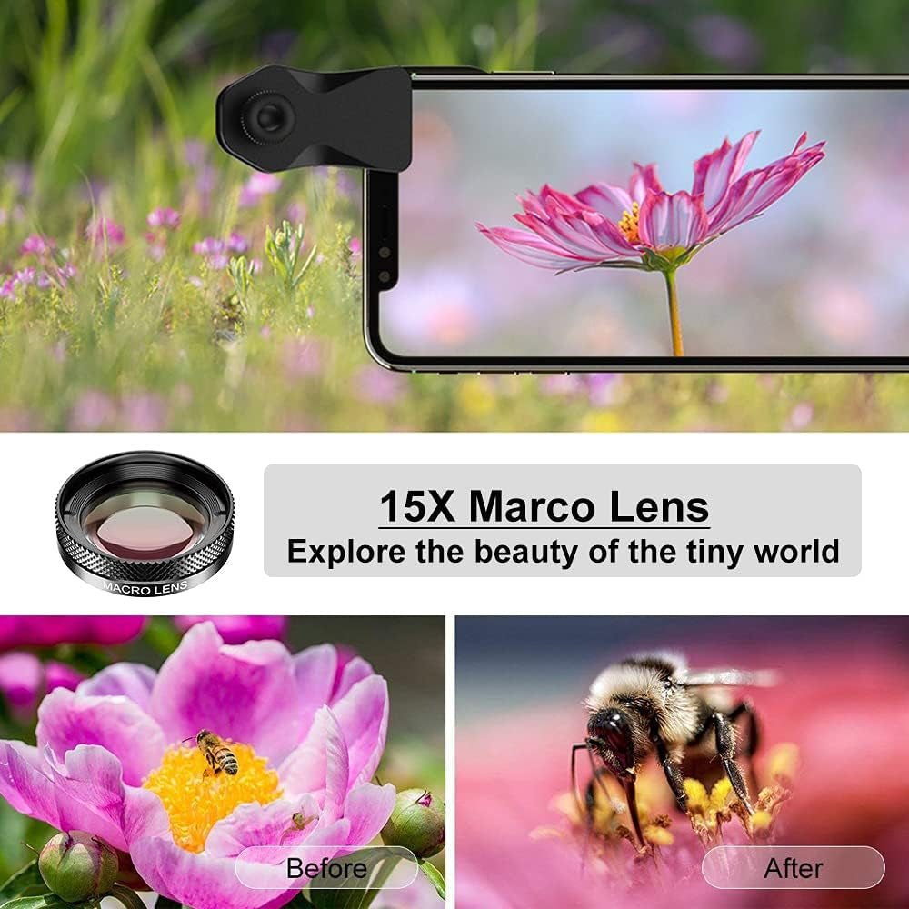 11 in 1 Universal Clip on Cell Phone Camera Lens Kit. 205°Fisheye 140° Super Wide Angle 15X Macro Star CPL ND32 Kaleidoscope 4 Color Lens for Iphone Samsung Huawei and Most of Smartphone  Phorsen   