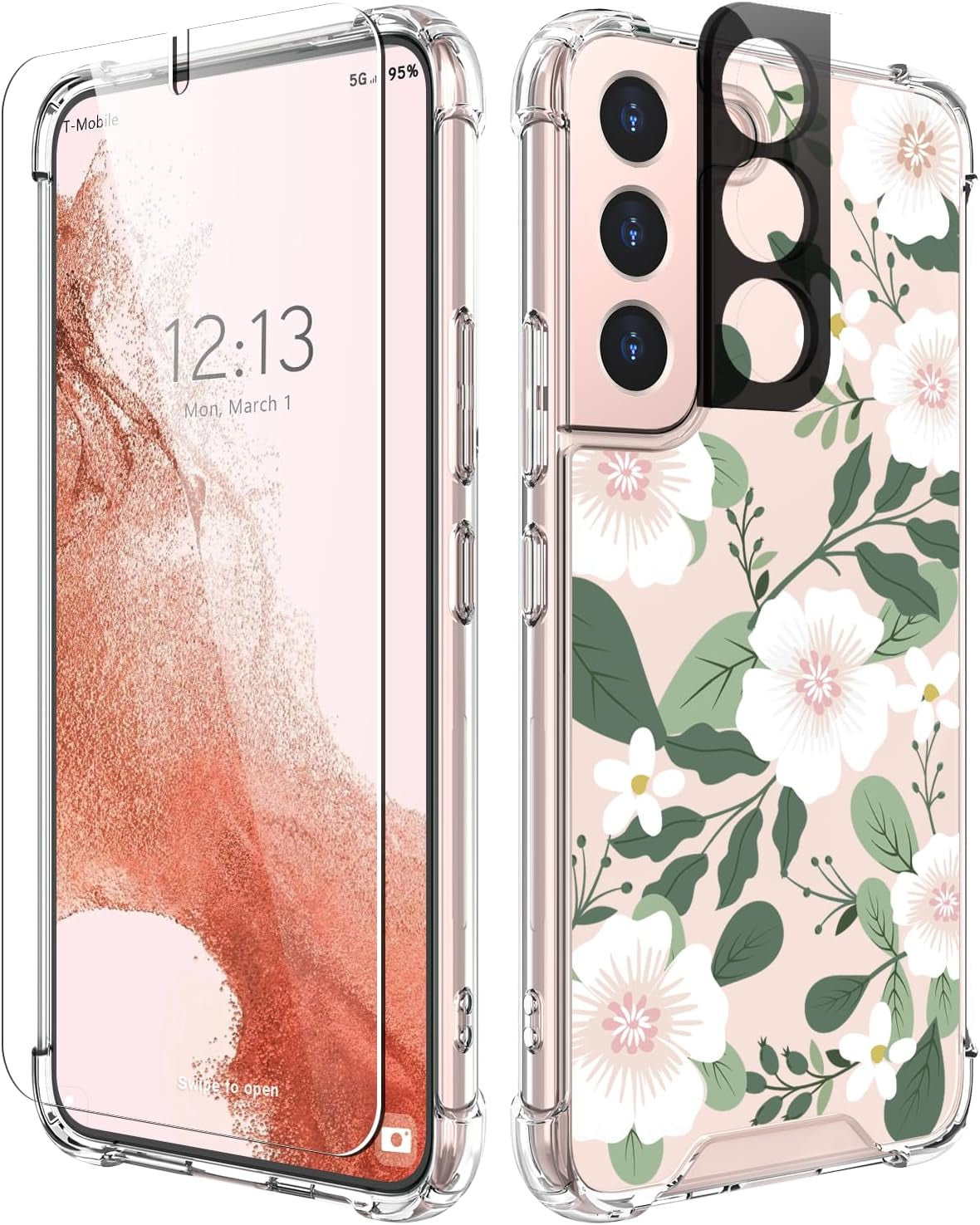 Cutebe Cute Clear Case for Samsung Galaxy S22 6.1 Inch 2022 Released, Shockproof Series Protective Cover with Screen Protector and Camera Lens Protector for Women, Girls  Cutebe White Cherry  