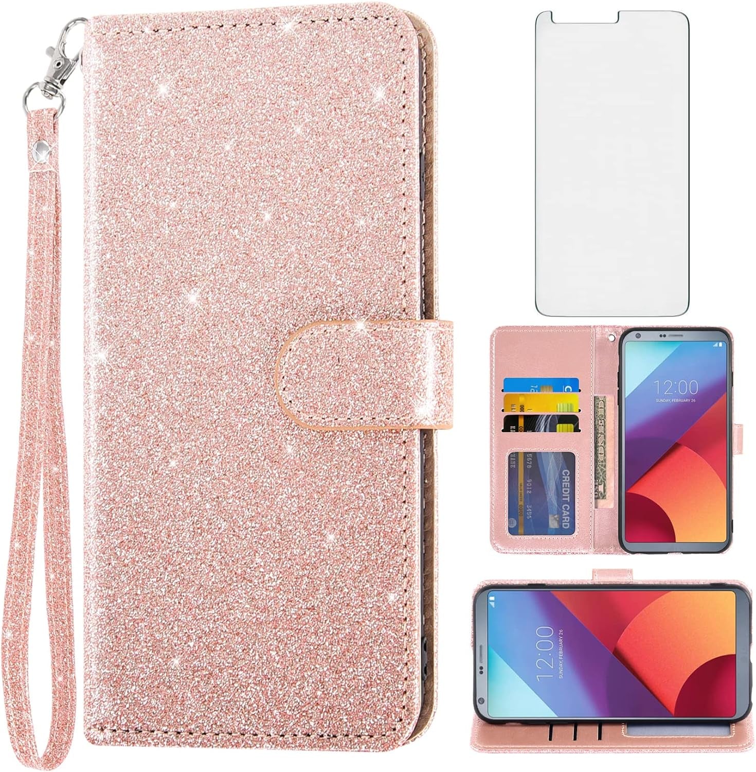 Asuwish Phone Case for LG G6 with Tempered Glass Screen Protector and Glitter Wallet Cover Card Holder Slot Stand Kickstand Cell Flip LGG6 Thinq LG6 Thin Q G 6 plus G6+ 6G VS988 H872 Women Men Purple  Asuwish Rose Gold  