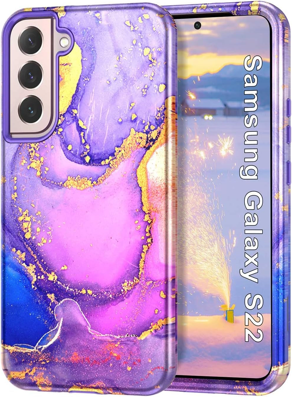 Btscase for Samsung Galaxy S22 5G Case,Marble Pattern 3 in 1 Heavy Duty Shockproof Full Body Rugged Hard Pc+Soft Silicone Drop Protective Women Girl Cover for Samsung Galaxy S22,Dreamland River/Purple  Btscase Peach Pink  