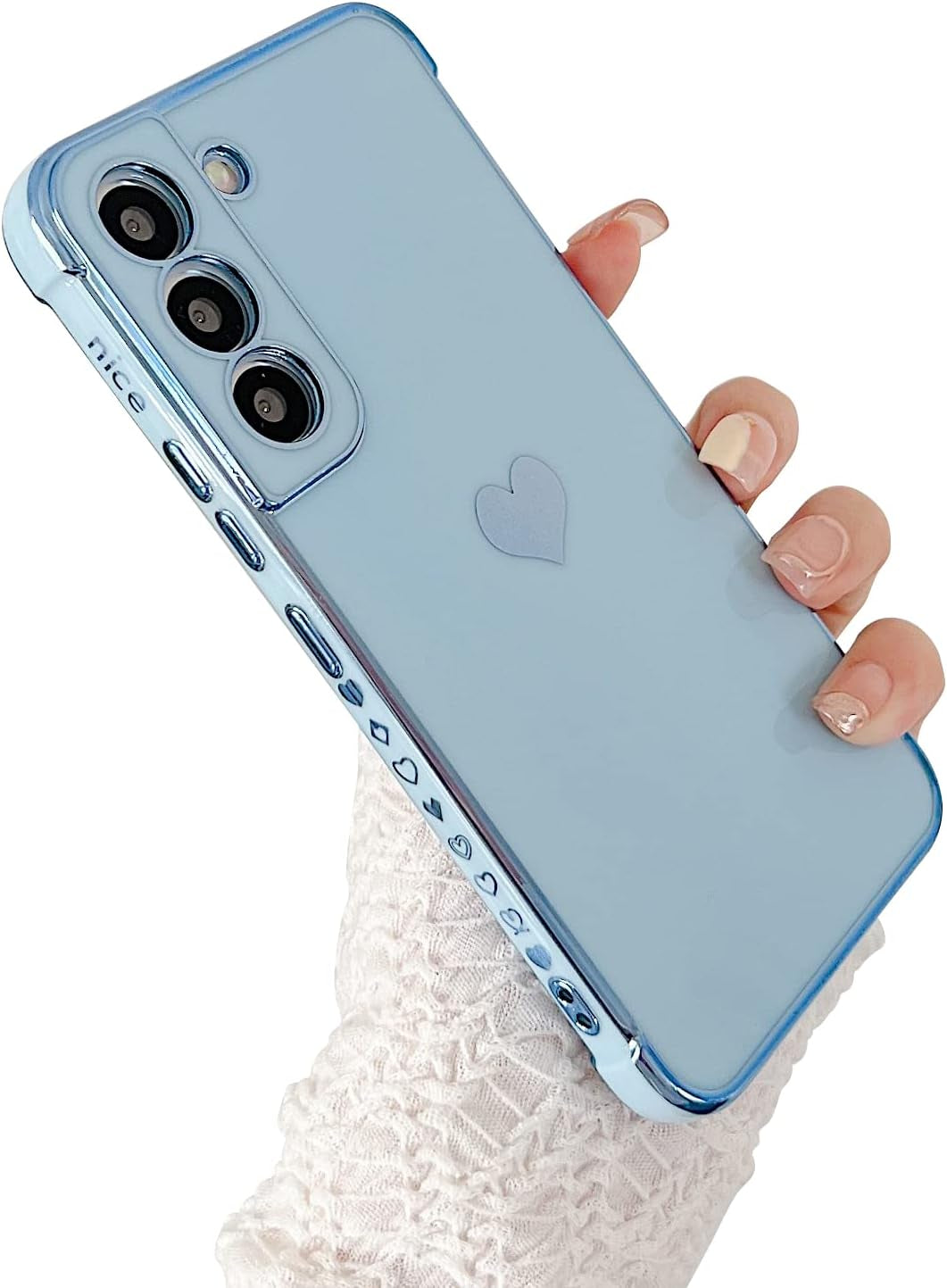 Phylla Compatible with Samsung Galaxy S21+ plus 6.7” 5G Case,Luxury Plating Cute Love Heart Side Small Pattern Phone Case,Full Camera Protection Soft Silicone Shockproof Bumper Cover (Pink)  phylla Blue  