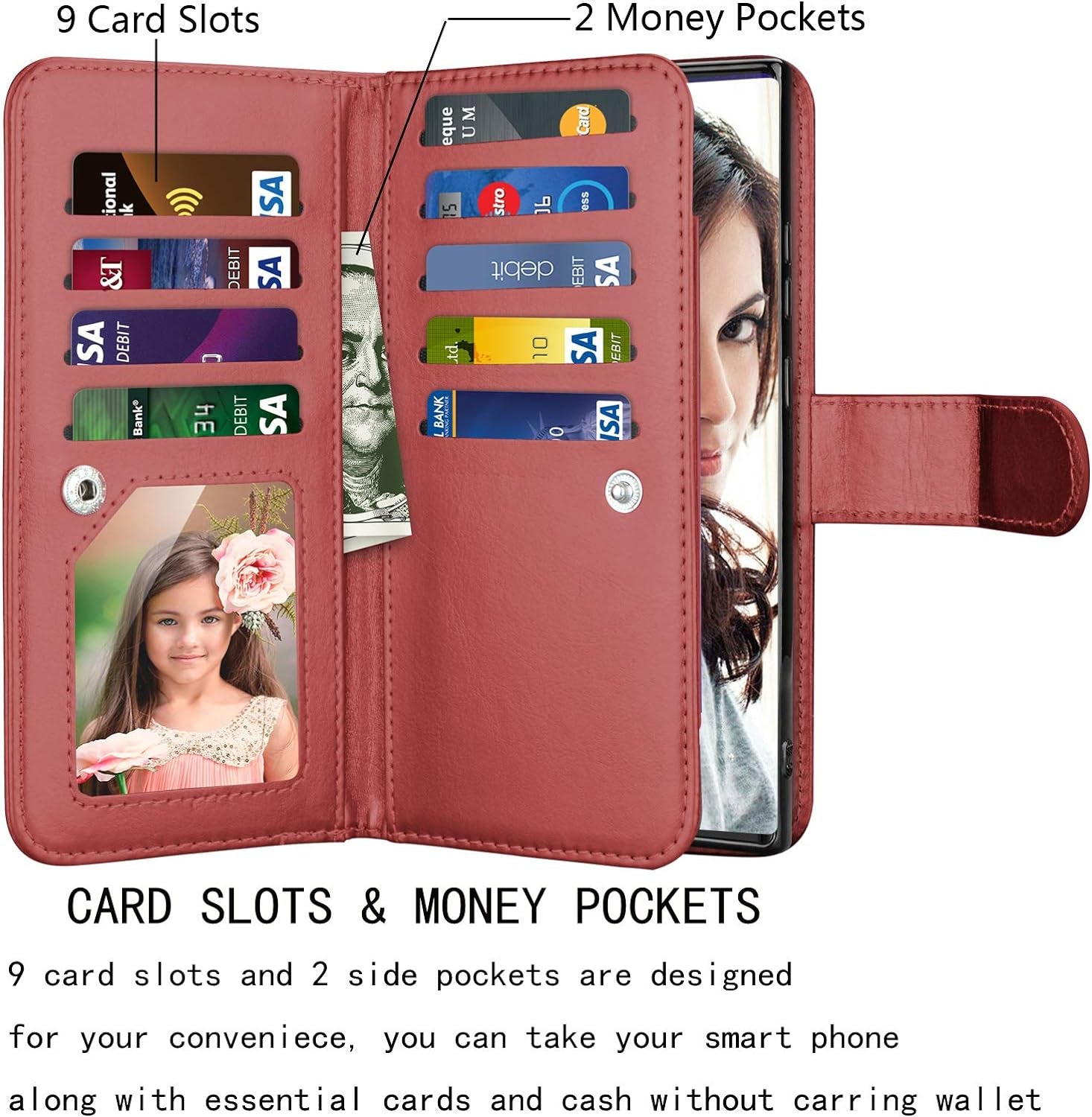 Njjex Galaxy Note 20 5G Wallet Case - Wine Red, 9 Card Slots, PU Leather, Detachable Kickstand, Magnetic Cover & Lanyard  NJJEX   