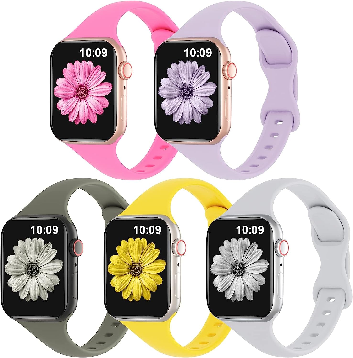TSAAGAN 5 Pack Silicone Slim Bands Compatible with Apple Watch Band 38Mm 42Mm 40Mm 44Mm 41Mm 45Mm 49Mm, Soft Narrow Sport Strap Thin Wristband for Iwatch Ultra Series 8/7/SE/6/5/4/3/2/1 Women Men  TSAAGAN Khaki/Mango Yellow/Grey/Lavender/Hot Pink 38/40/41mm 