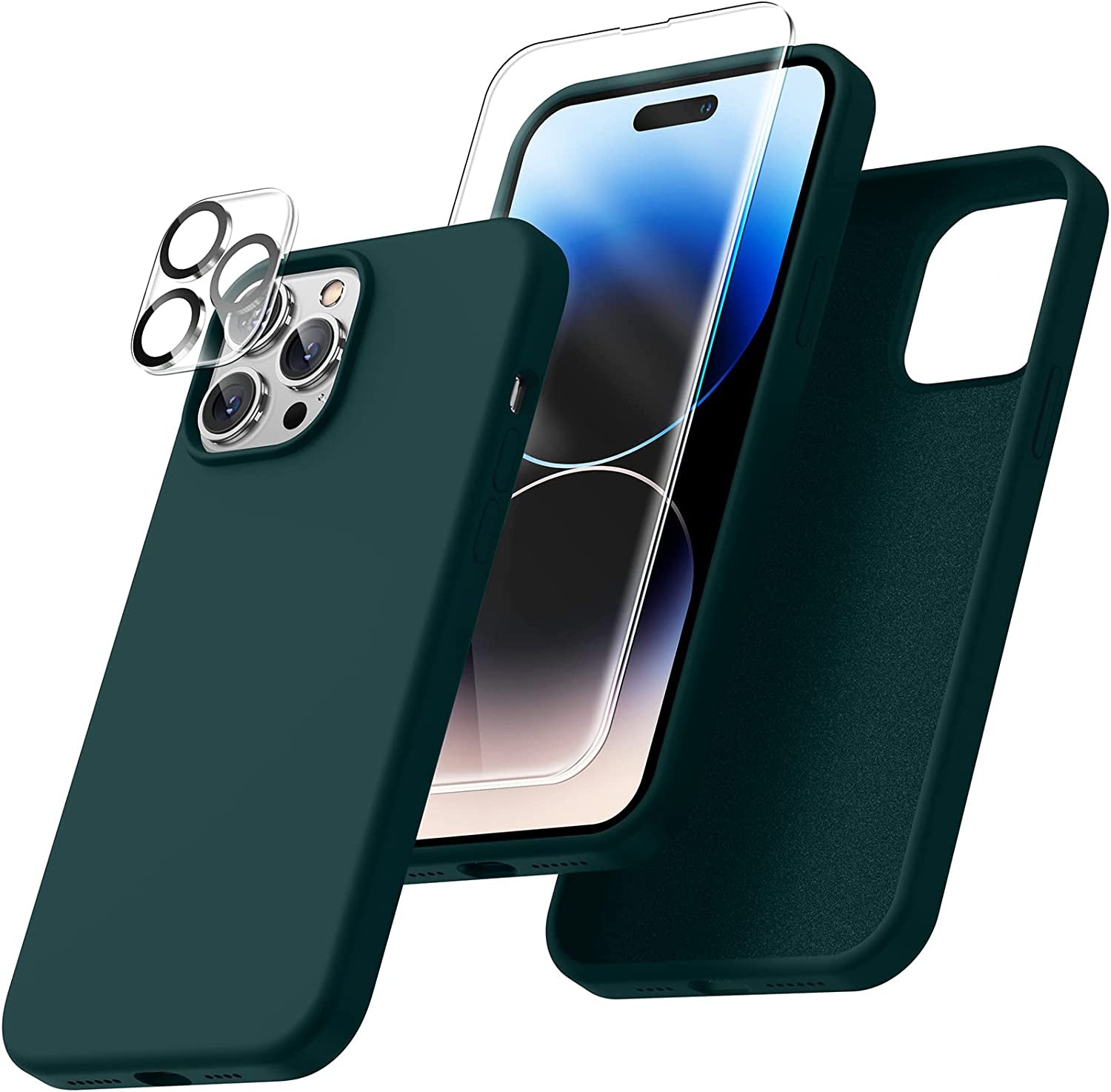 Uyiton [5 In1] Liquid Silicone Iphone 12 PRO Max Case, [Drop Protection] [Full Covered] Shockproof Slim Thin Cover with Microfiber Lining, with 2Xscreen Protector +2Xcamera Lens Protector-Green  Uyiton 14Pm-Teal Iphone 14 Pro Max 