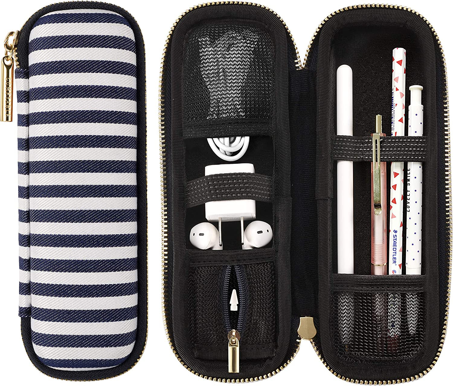 Comfyable Pencil Holder Pencil Case for Apple Pencil, Pen Accessories Elastic Strap Sleeve Protective Carrying Case for Airpods with Mesh Pockets, Blue Stripes  Comfyable   