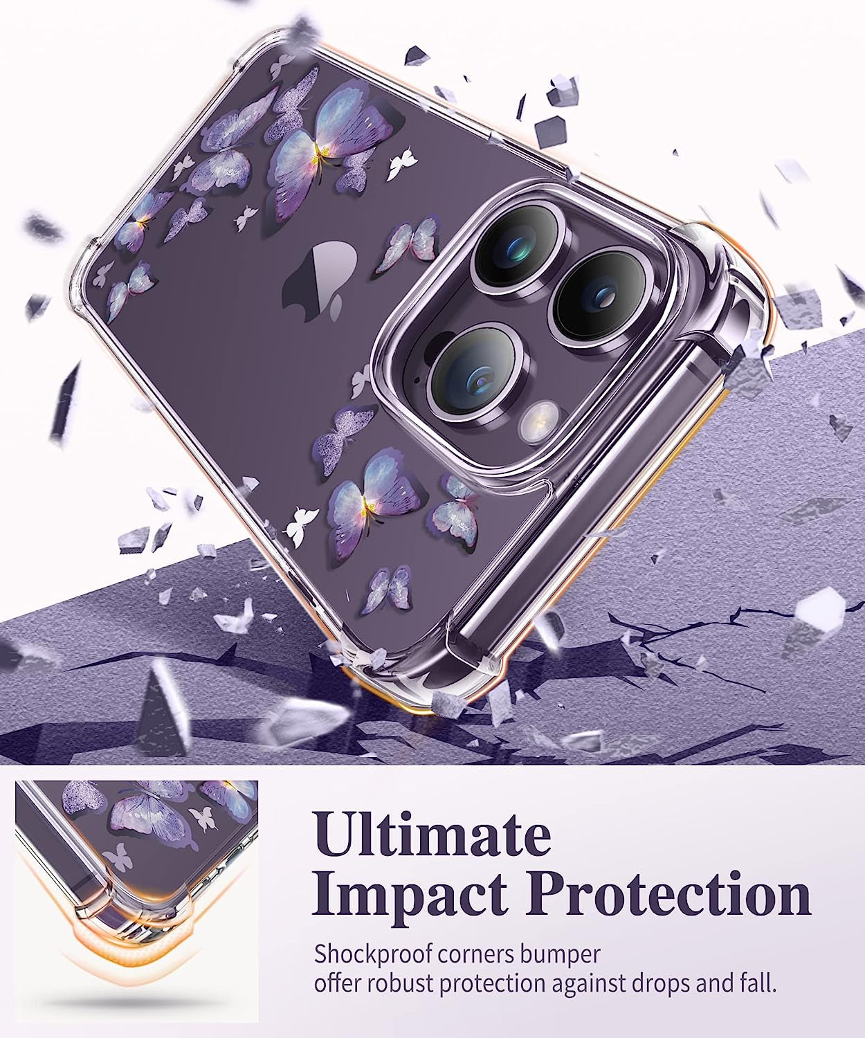 GVIEWIN Compatible with Iphone 14 Pro Case with Screen Protector & Camera Lens Protector, Floral Slim Shockproof Protective Hard PC+TPU Bumper Flower Women Cover, 6.1" 2022(Alluring Butterfly/Purple)  GVIEWIN   