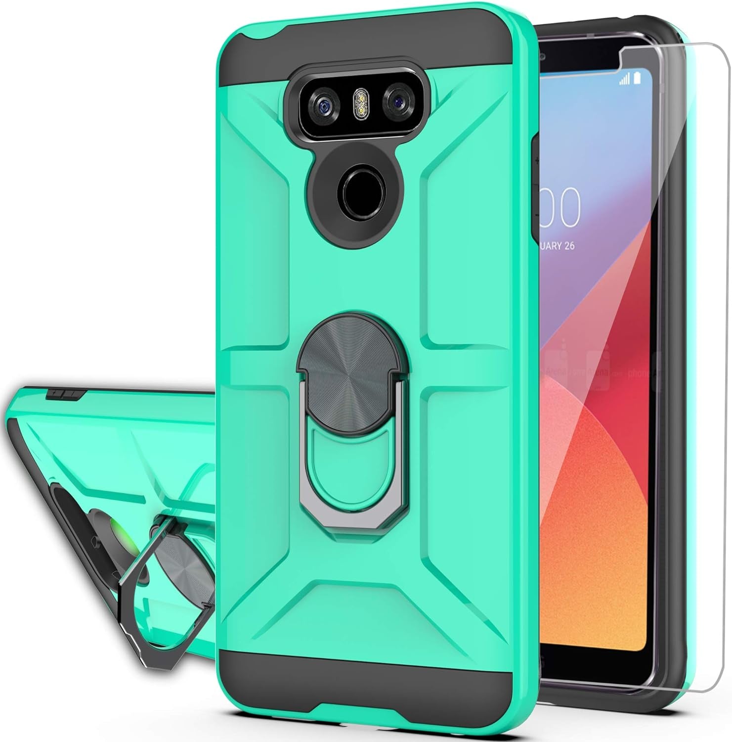 Ymhxcy Compatible for LG G6/G6 plus Case with HD Screen Protector，360 Degree Rotating Ring Kickstand Holder Dual Layers of Shockproof Phone Case for LG G6-ZS Mint  YmhxcY   