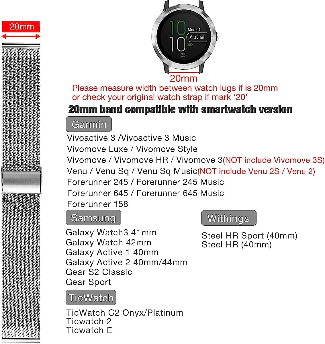 For Garmin Venu Sq/Venu 2 Plus/Vivoactive 3 Watch Band, 20Mm Quick Release Metal Mesh Stainless Steel Wristband Strap for Garmin Venu/Venu Sq Music, Vivomove 3 (Silver)  PONATTENO   