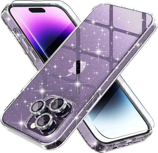 Choiche Compatible for Iphone 14 Pro Max Case Cute, Women Clear Glitter Bling Sparkly Case, [3 X Diamond Camera Lens Protectors] [2 X Tempered Glass Screen Protectors] 6.7-Inch (Glitter Clear)  Choiche   