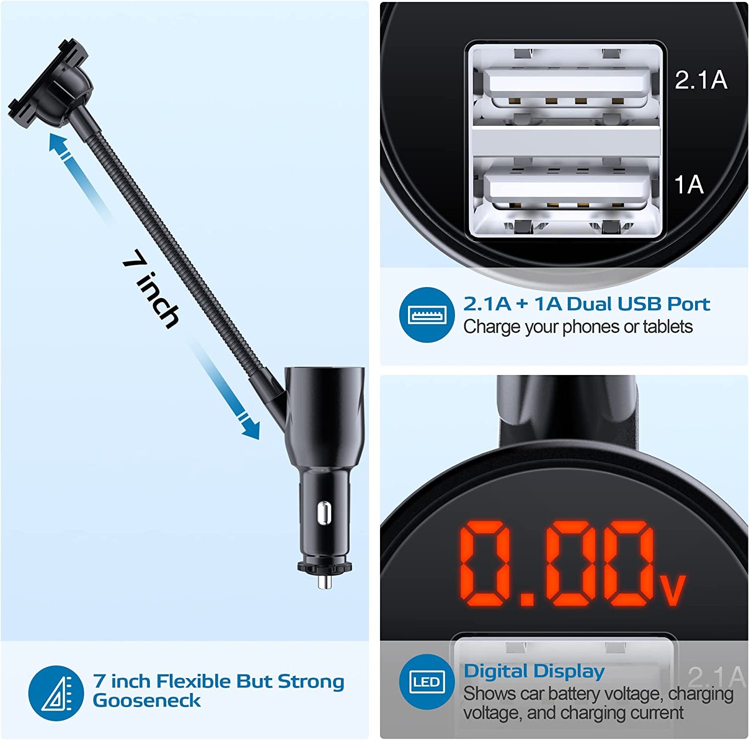 3-In-1 Multifunctional Car Mount + Car Charger + Voltage Detector, SOAIY Car Mount Charger Holder Cradle W/Dual USB 3.1A Charger, Display Voltage Current for Iphone7 6S 6 5S Samsung S7 S6 S5  SOAIY   